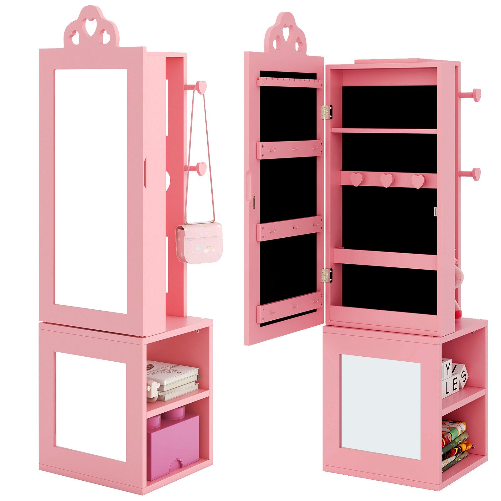 COSTWAY Schmuckschrank 3 in 1 Kinder Spiegelschrank mit Kleiderständer & Ha günstig online kaufen