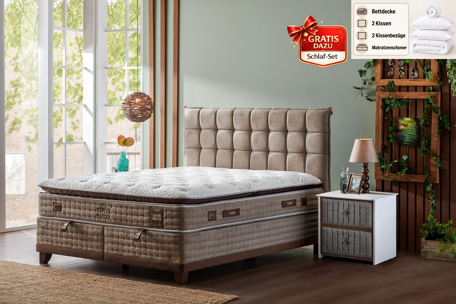 BAMBI YATAK Boxspringbett, Bambi Cotton Master Kompletbett, Matratze mit Topper, Mittelweich H2 (1 x H2 Mittelweich Matratze, 2 x Bettkasten, 1 x Bettkopfteil), Doppeltes Taschenfederkernsystem, Bettkasten, Optionale Nachttisch