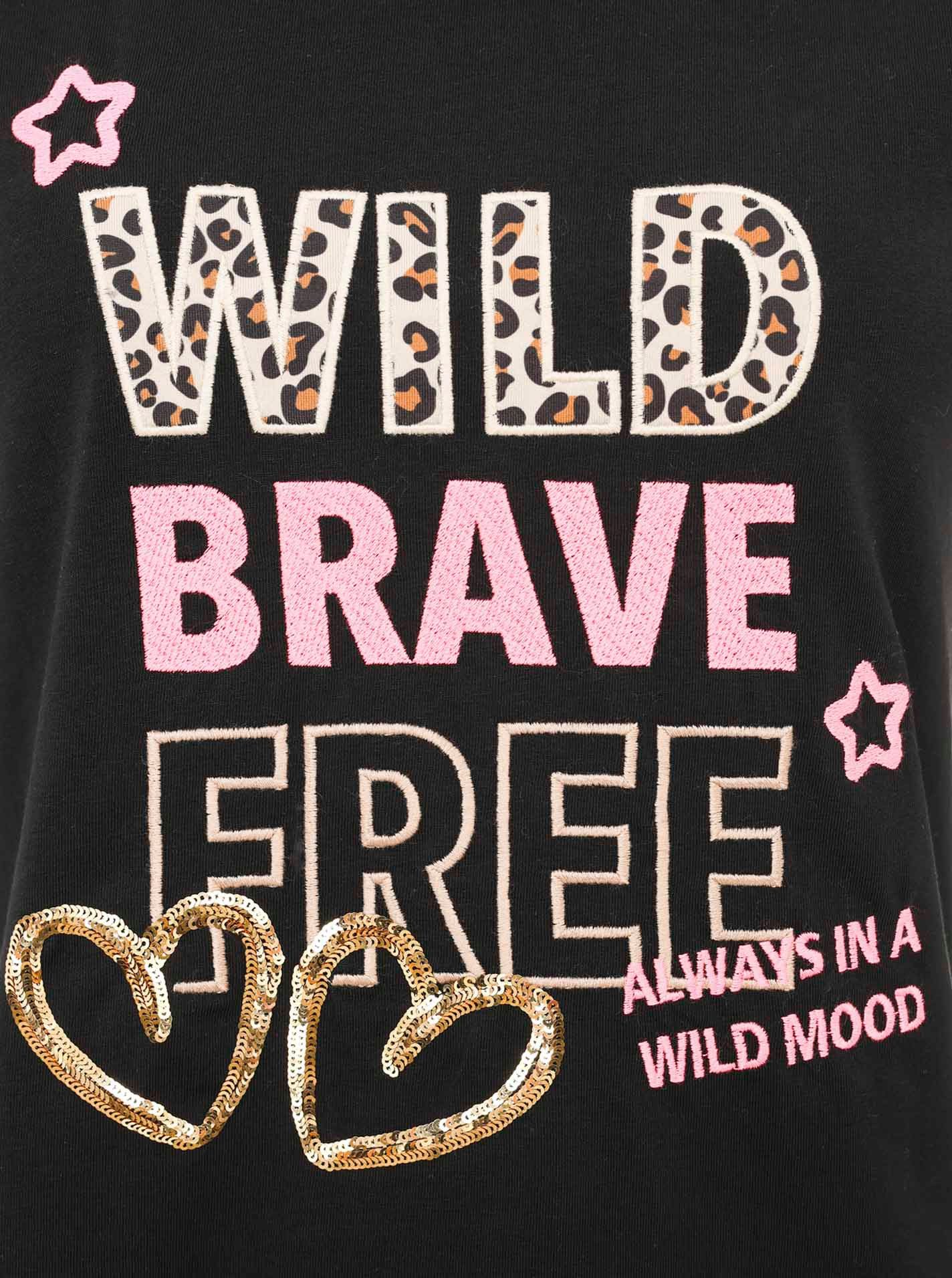 Zwillingsherz T-Shirt "Wild Brave Free" Leo-Muster, Pailletten, Kurzarm, Rundhalsausschnitt, Schriftzüge