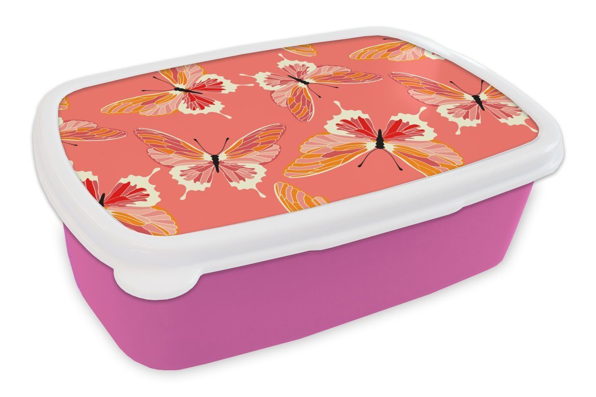MuchoWow Lunchbox Schmetterlinge - Muster - Rosa, Kunststoff, (2-tlg), Brotbox für Erwachsene, Brotdose Kinder, Snackbox, Mädchen, Kunststoff
