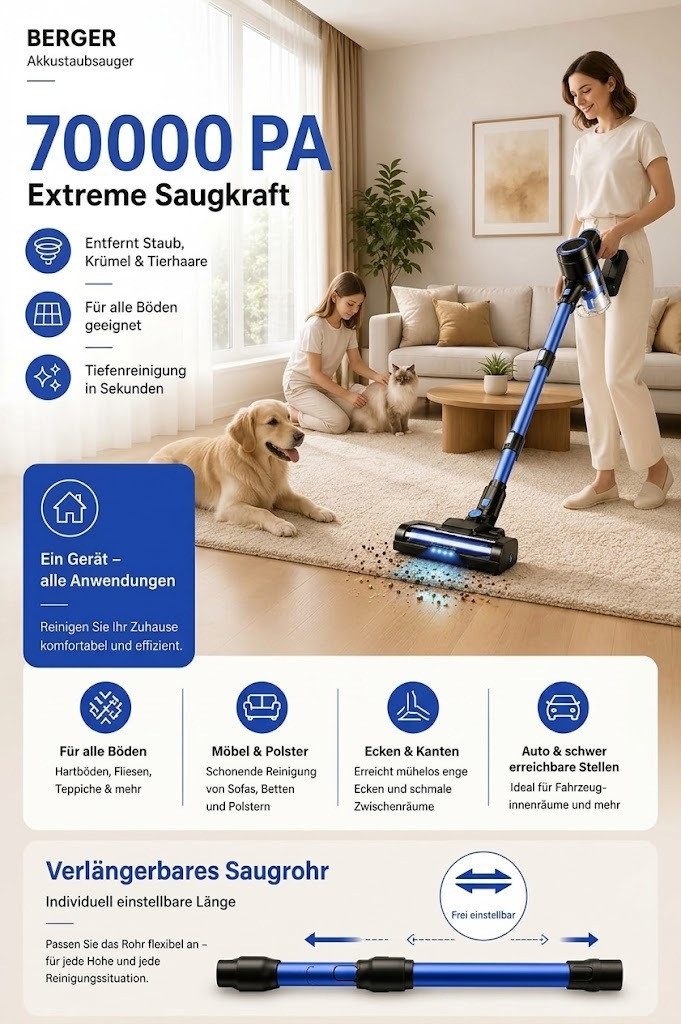BERGER ELECTRONICS Stielstaubsauger Staubsauger Kabellos, Akku Staubsauger, Akku-Stielstaubsauger, beutellos, 70000 Pa, 60 min Laufzeit, Handstaubsauger – Bild 2 von 5