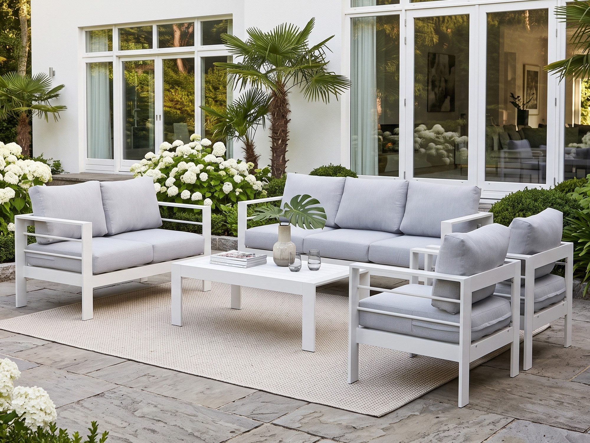 MeXo Gartenlounge-Set Gartenmöbel Set Aluminium wetterfest 6-7 Personen, (12cm Deluxe Relax-Sitzkissen, 5-tlg., Belastbarkeit pro Sitzplatz 140kg), outdoor Gartensofa mit Tisch, 8 cm breite Armlehne