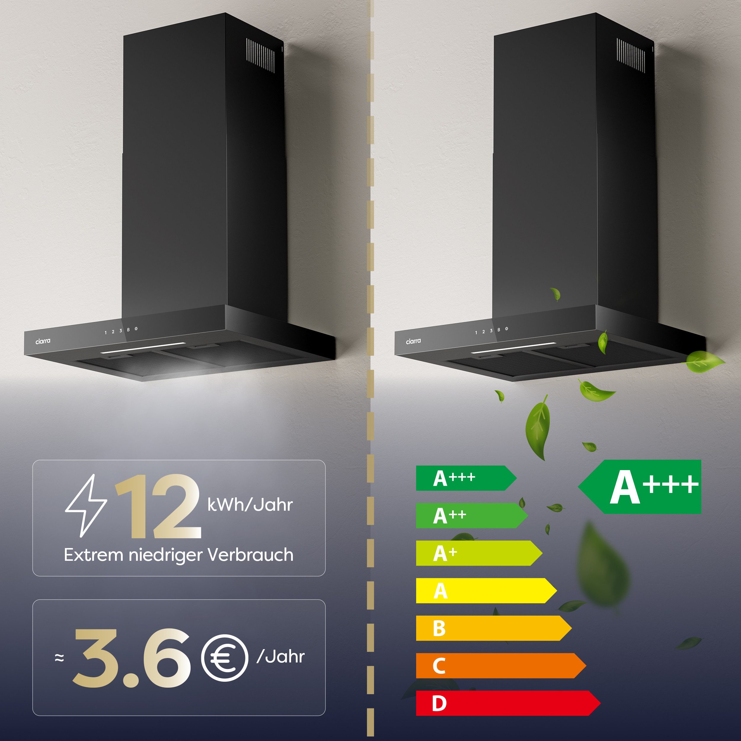 CIARRA Wandhaube 60 cm Dunstabzugshaube A+++ 706 m³/h Umluft & Abluft 4 Stufen CBCB6102 Aktivkohlefiltern, Fettfiltern, LED, WIFI-APP Touch Control mit BOOST – Bild 3 von 5