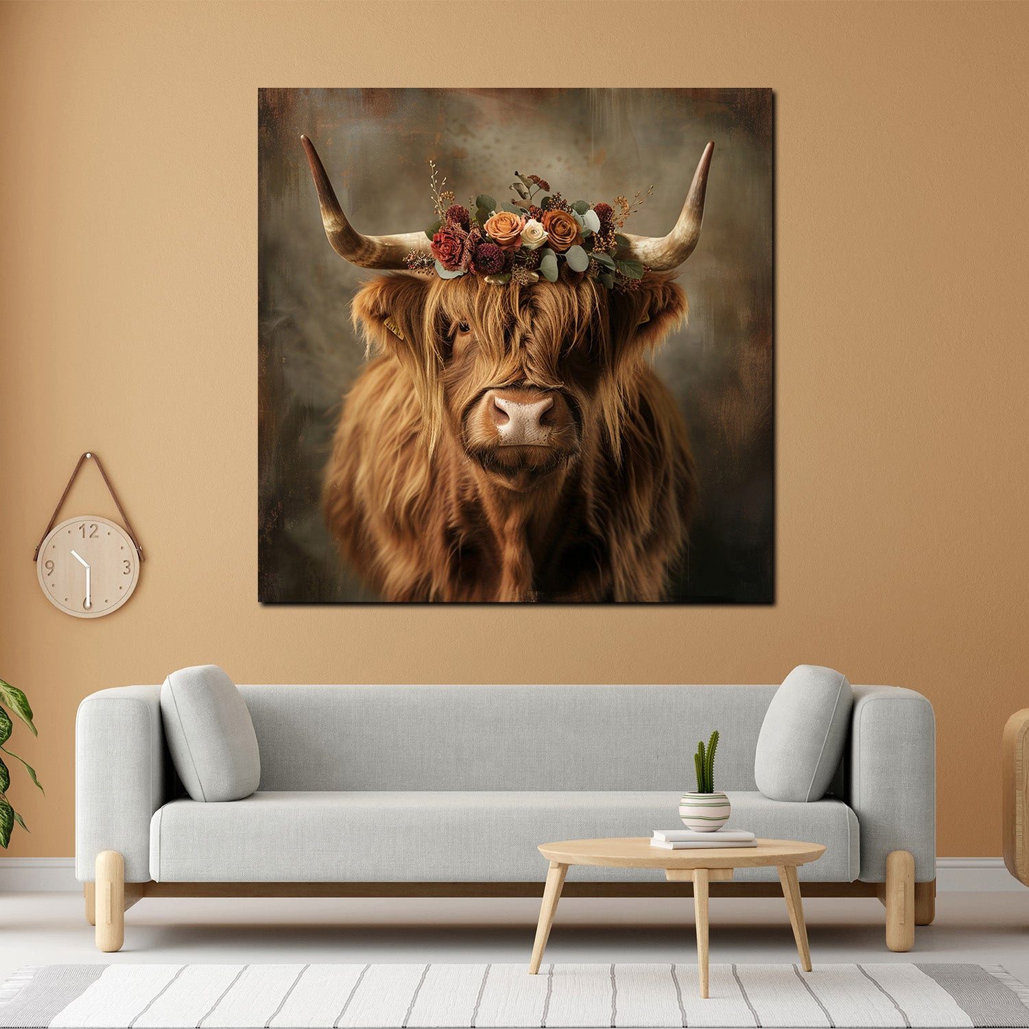 Artedinoi Leinwandbild Kuh Scottish Highlander mit Blumenkrone Natur Leinwandbild Wandbild De, Hochlandrind mit Blumenkrone