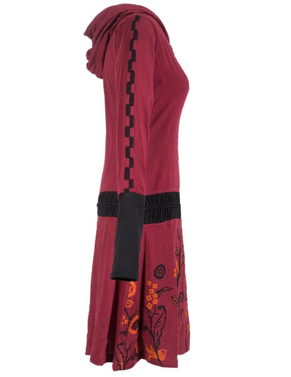 Ethno, Gürtel geknüpftem Goa, und Elfen dunkelrot Jerseykleid Boho, Vishes Style mit Kapuze Kleid Blumen