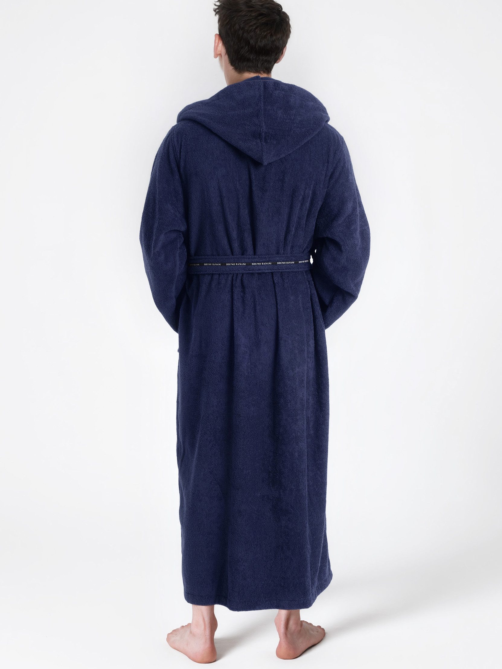 Bruno Banani Herrenbademantel Danny, Normallänge & Überlänge, auch in extra lang, Hotelbademantel, Langform, Walkfrottee, Kapuze, Gürtel, mit Logostreifen, Herren Bademantel aus 100% Baumwolle, S-4XL