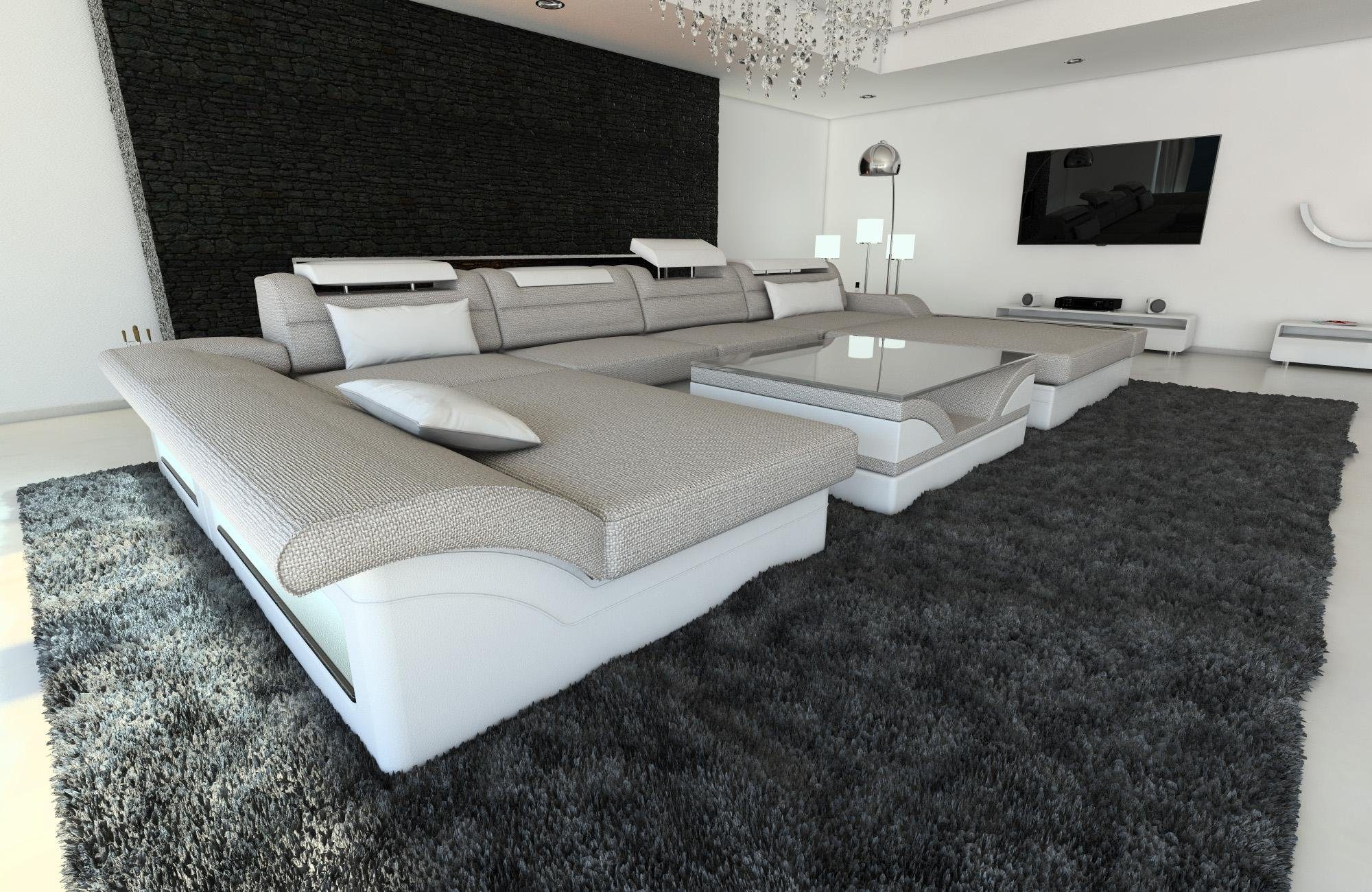 Sofa Dreams Wohnlandschaft Polster Stoff Couch Monza U Form Stoffsofa, mit LED, ausziehbare Bettfunktion, Designersofa H2 Macchiato-Weiss