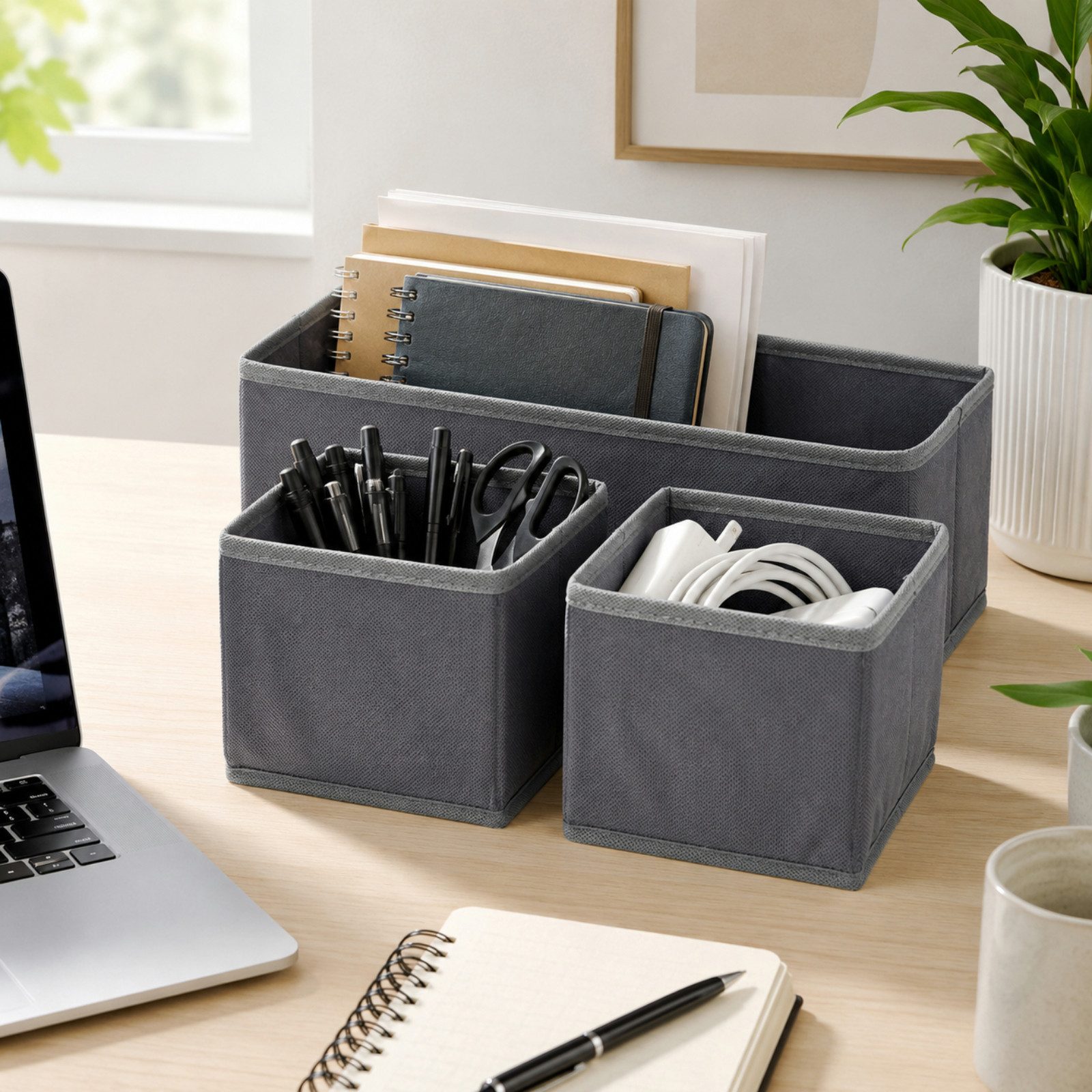 Koopman Aufbewahrungsbox Sortierboxen Tischorganizer Stoff 3 Größen 3tlg (Set, 3 St., Packung), 28x14x11cm, faltbar, 14x14x11cm, Grau