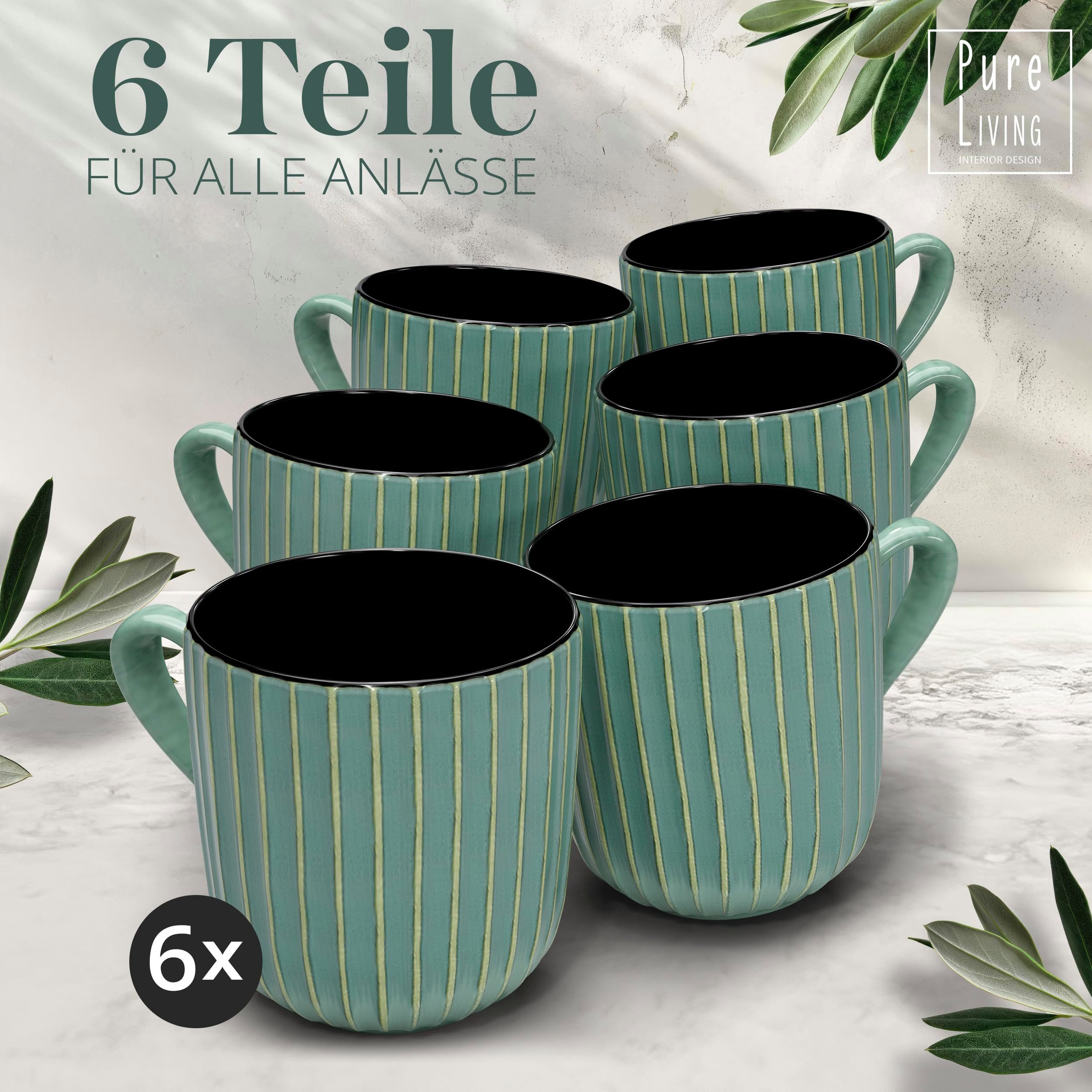 PURE LIVING INTERIOR DESIGN Geschirr-Set Pure Living Becher 6er 460ml »Ribbed«, Steingut, Grün, 6 Personen, Steingut, Mediterrane Handwerksoptik, Reaktive Glasur – jedes Stück einzigartig…