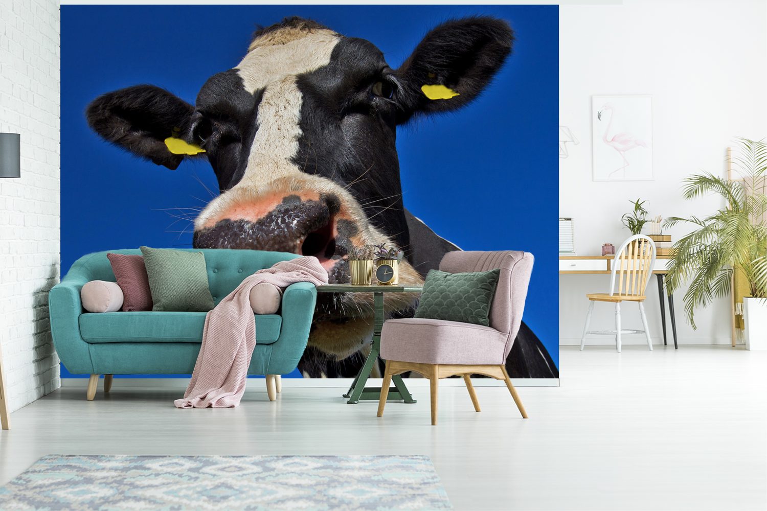 Schlafzimmer, Blau Vinyl Tiere, - Kuh - Wallpaper - MuchoWow (6 Matt, Kinderzimmer, Fototapete bedruckt, Wohnzimmer, St), Nase Tapete für