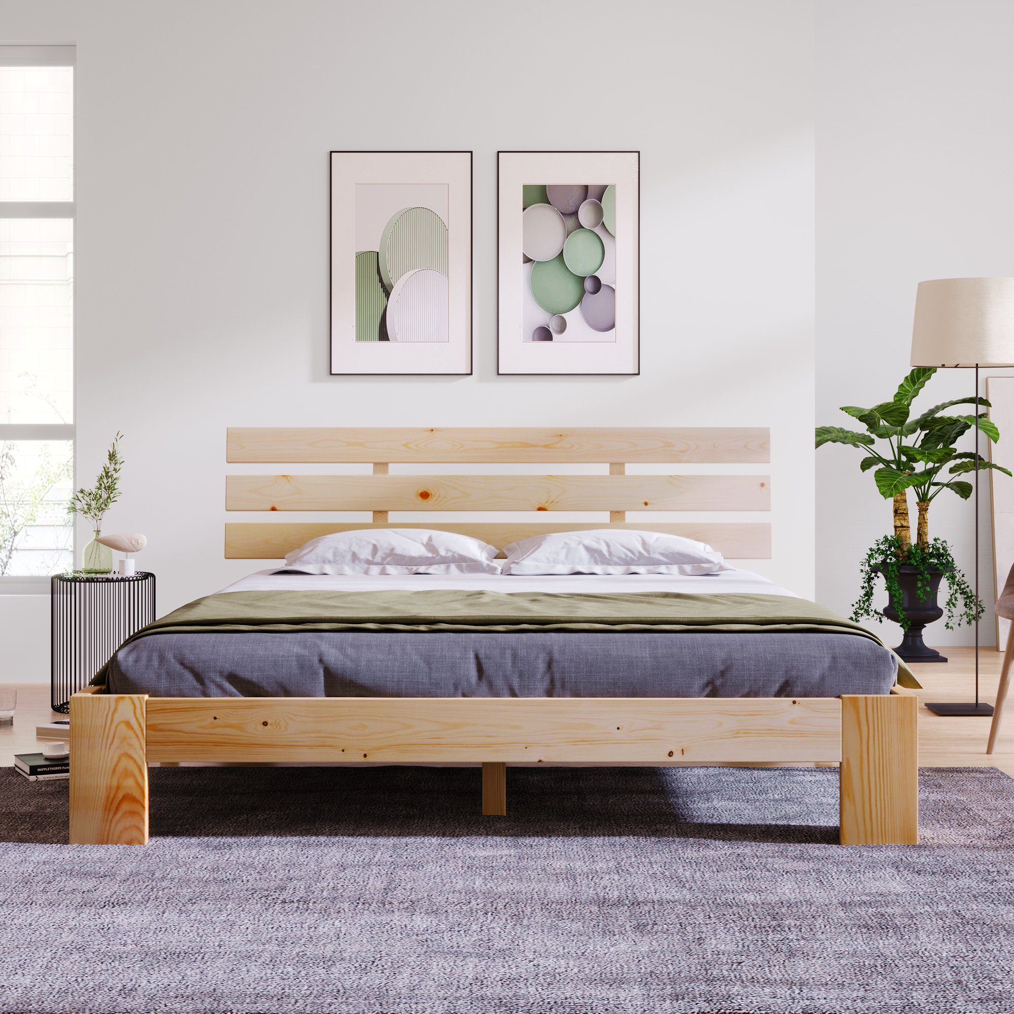 Ulife Massivholzbett 140 x 200 cm, Bettgestell mit Lattenrost, Doppelbett mit Kopfteil (Ohne Matratze), als Kieferbett verwendbar, Natur – Bild 4 von 5