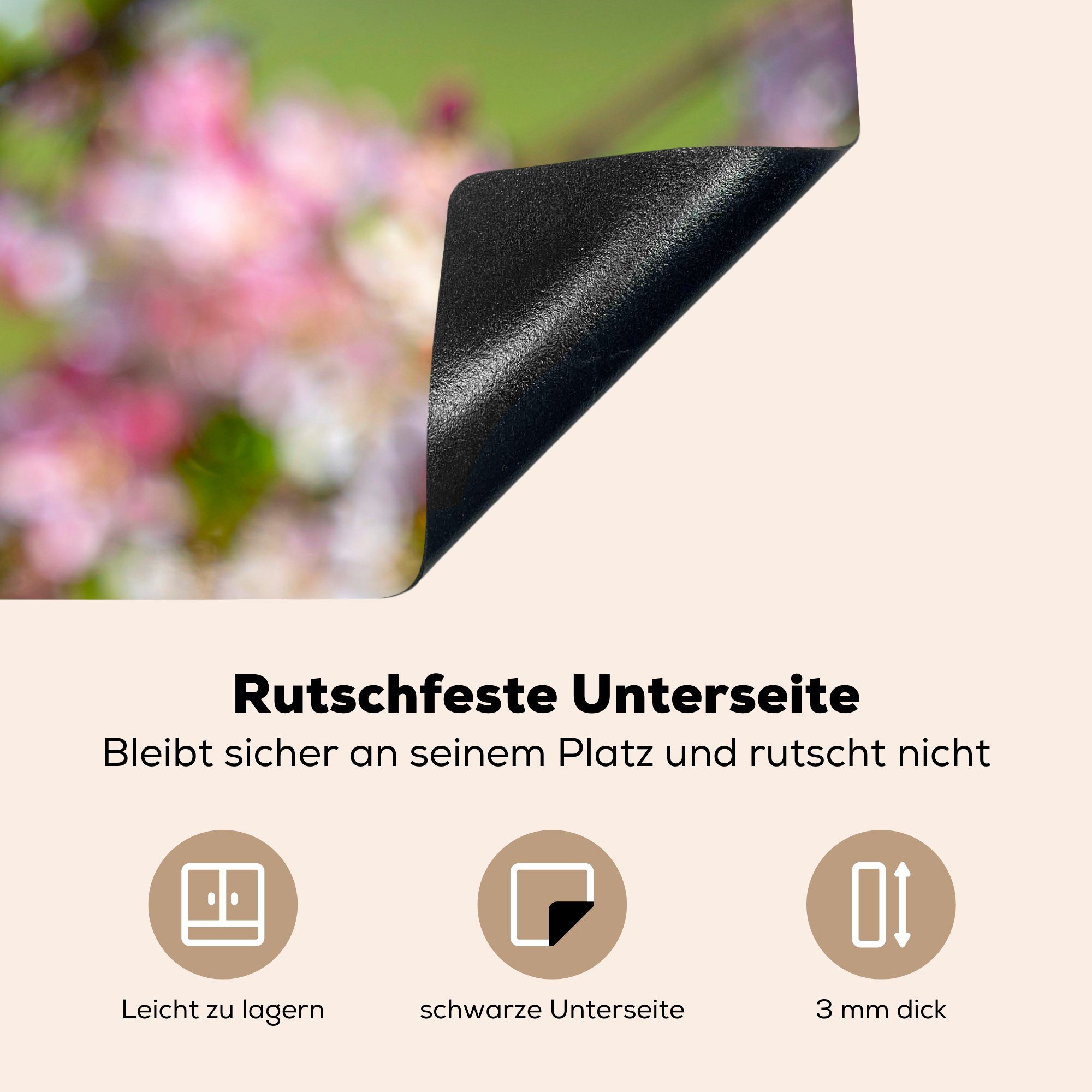 sitzt, die Blumen tlg), 81x52 einer Induktionskochfeld vielen küche, der Ceranfeldabdeckung cm, mit auf für Herdblende-/Abdeckplatte rosa MuchoWow Holzstange Vogel, Schutz (1 Vinyl,