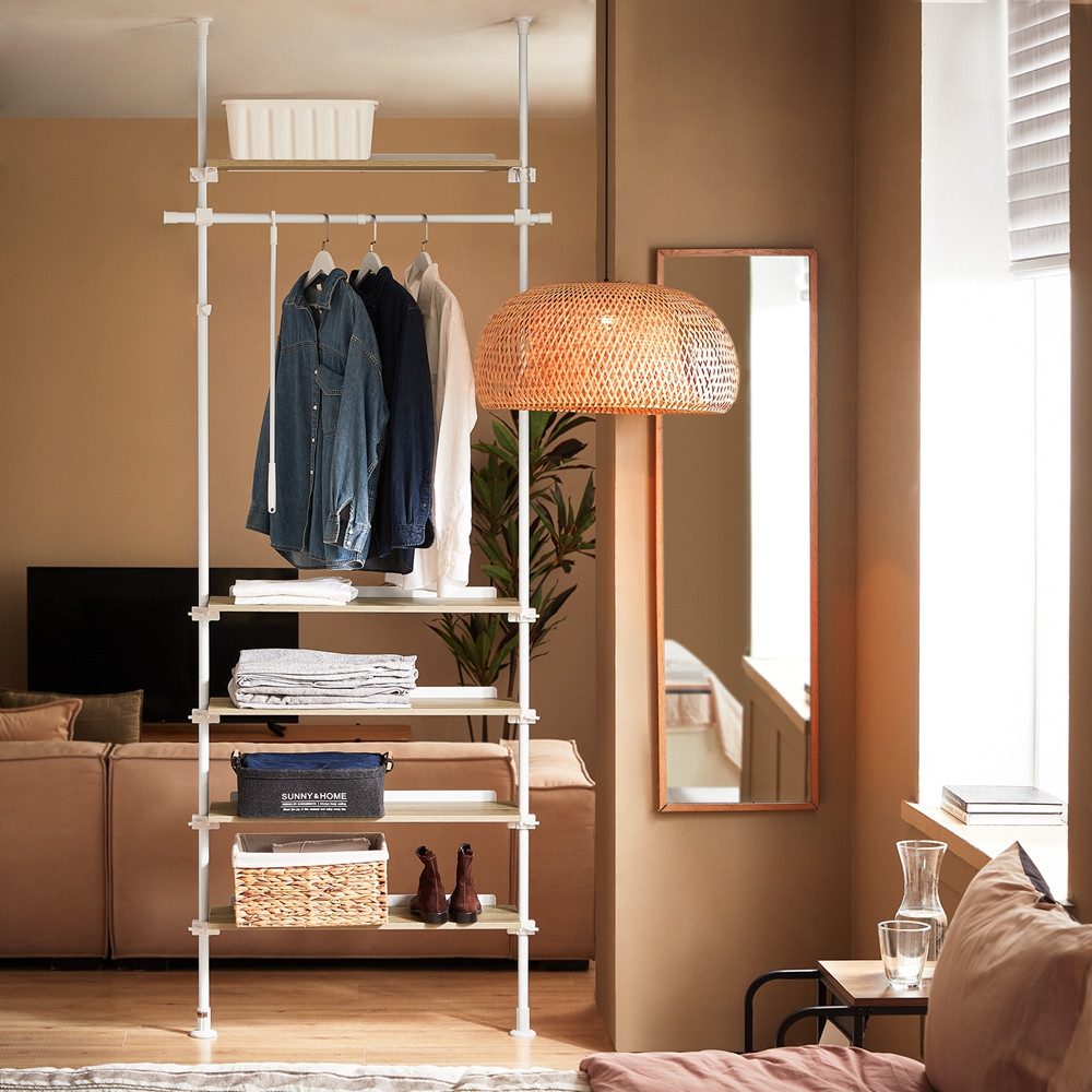 SoBuy Kleiderständer KLS15, mit 1 Kleiderstange und 5 Ablagen Teleskop Garderoben System