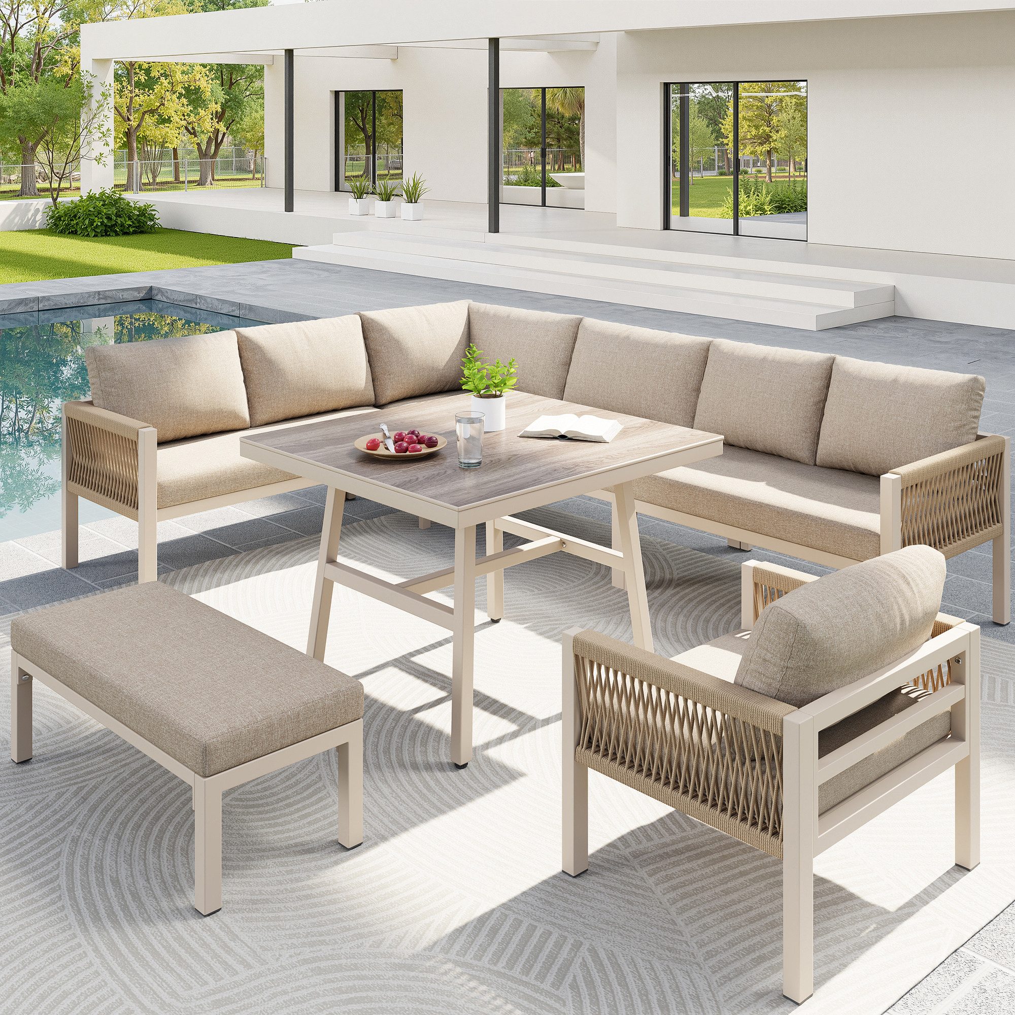HAUSS SPOLE Gartenlounge-Set Bis Zu 8 Personen Gartensofa L-Form Stahlrahmen mit Armlehnen, (Sessel-Sofa,Einzelsofa,Hocker,Tisch, Sessel 118×61×80cm,Sofa 65×61×80cm,Hocker 79×38×31cm,Tisch 80×80×70cm)