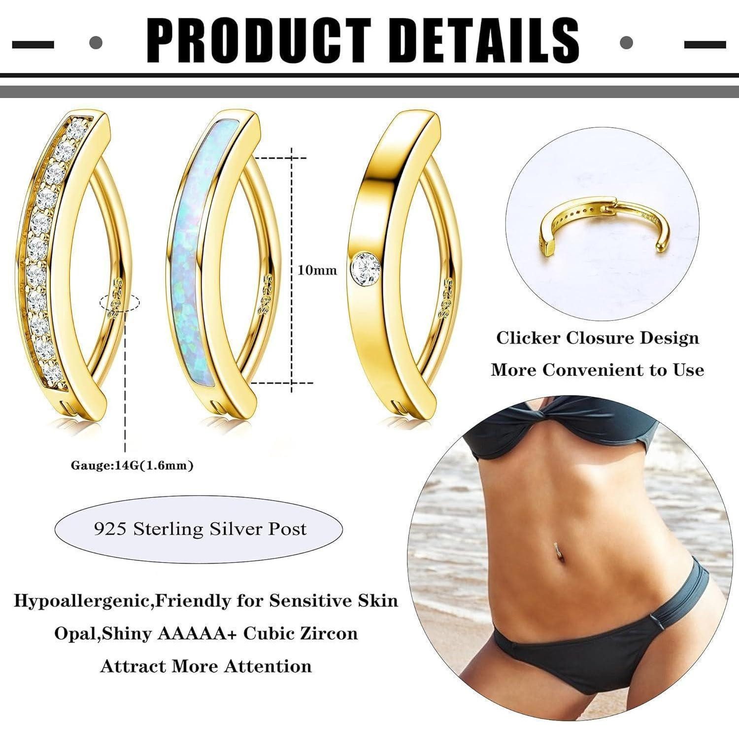 FIOROYAL Bauchnabelpiercing 3er Set 14G Bauchnabelpiercing Silber 925 Hypoallergen Clicker Reverse