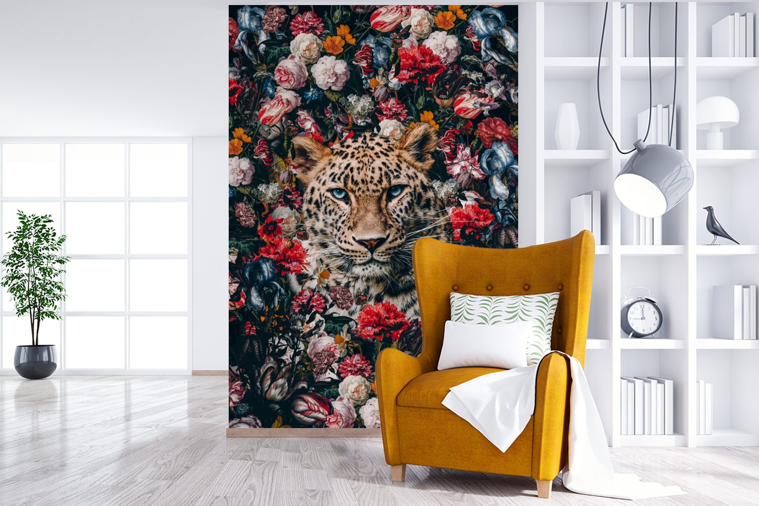 MuchoWow Fototapete Leopard für St), Montagefertig - Wohnzimmer, Vinyl Blumen Wandtapete bedruckt, Matt, Mantel, Tapete - (3