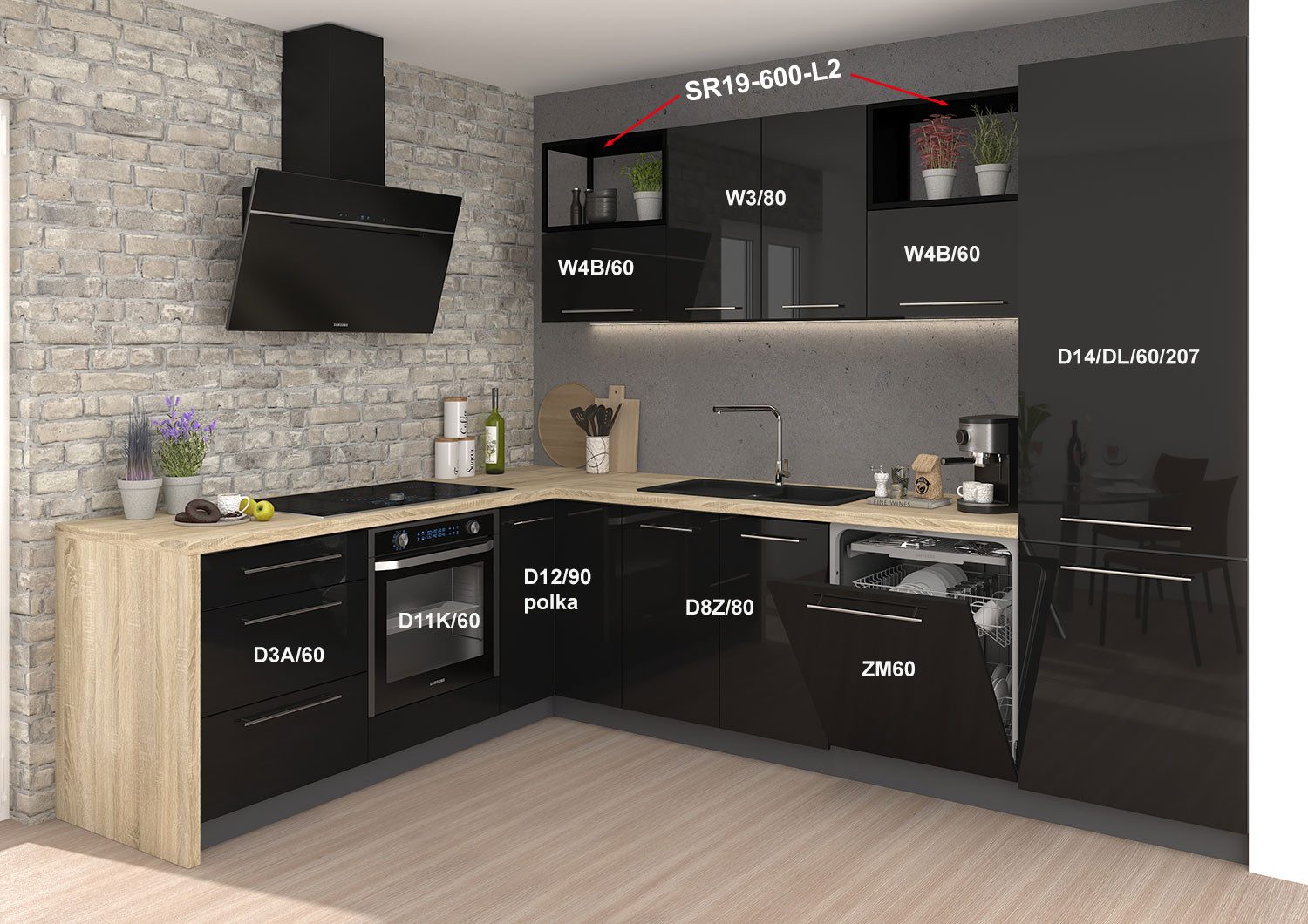 Feldmann-Wohnen Winkelküche Essen, (Schubladen mit Vollauszug + Selbsteinzug (HETTICH InnoTech Atira), 210x290x207cm lava / schwarz Hochglanz & Matt, L-Form, 11-teilig