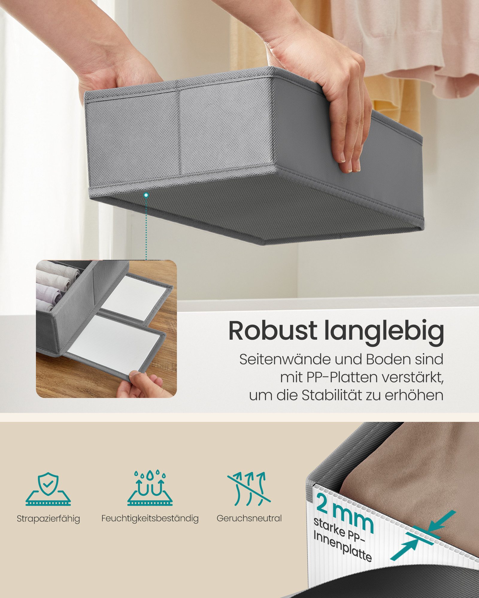 SONGMICS Aufbewahrungsbox Schubladen-Organizer, faltbar, Schrank-Organizer, 40 x 16 x 10 cm, für Unterwäsche und Socken, Schrank-Organizer – Bild 4 von 5