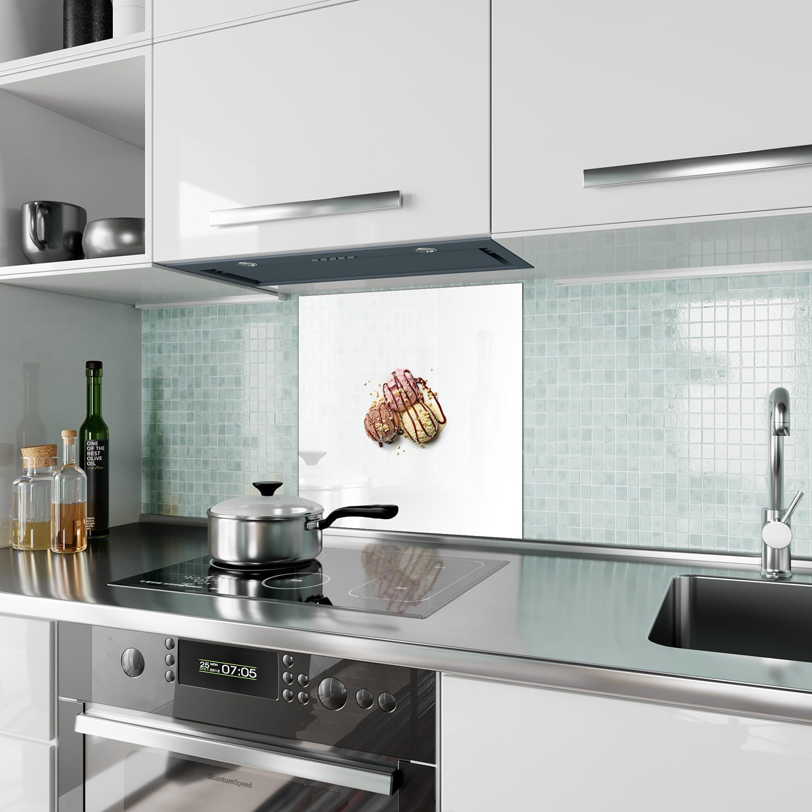Primedeco Küchenrückwand Küchenrückwand Spritzschutz Glas mit Motiv Sorten Dreierlei Eis