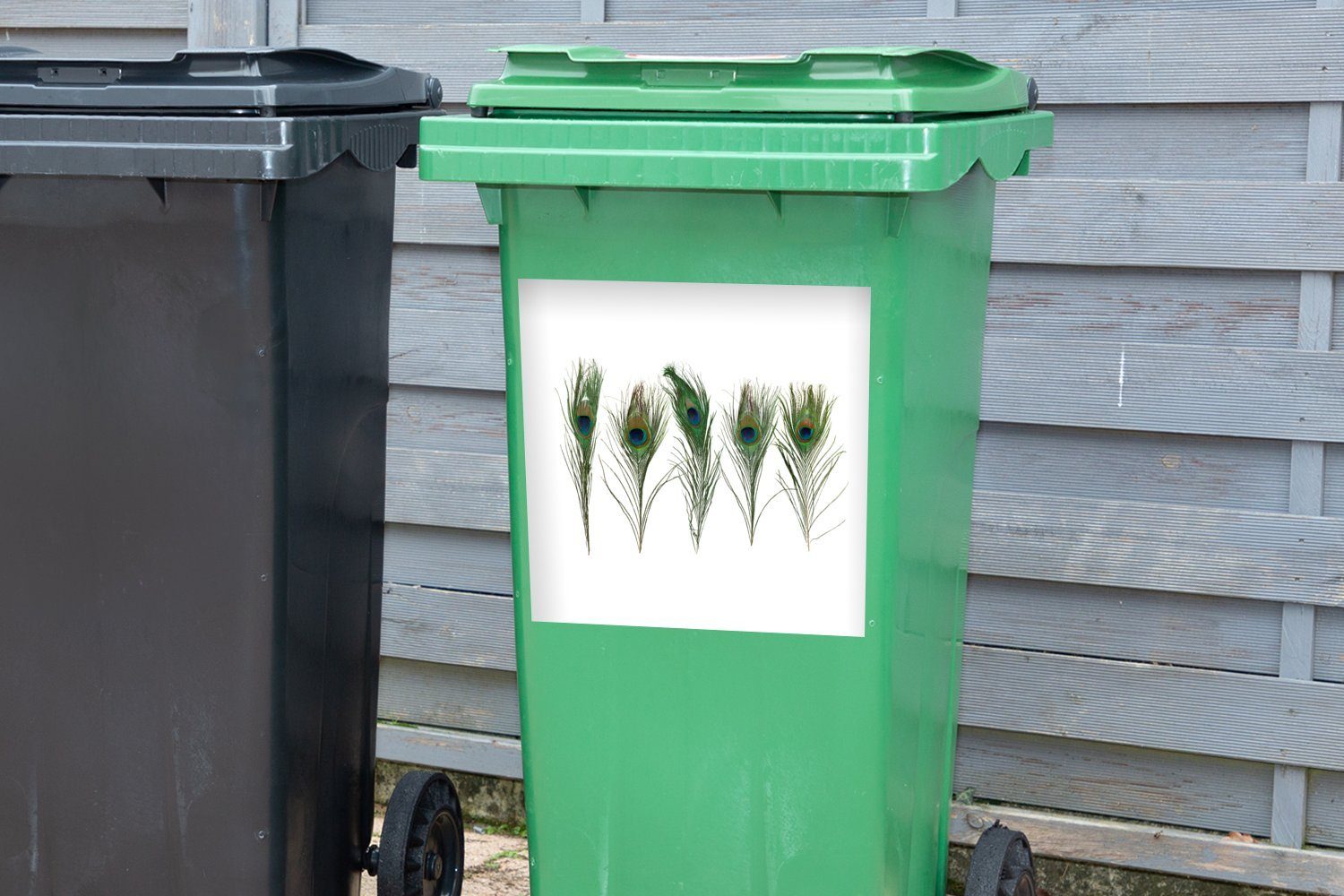 (1 Abfalbehälter Pfauenfedern MuchoWow - - Mülleimer-aufkleber, Weiß Container, Wandsticker St), Mülltonne, Grün Sticker,