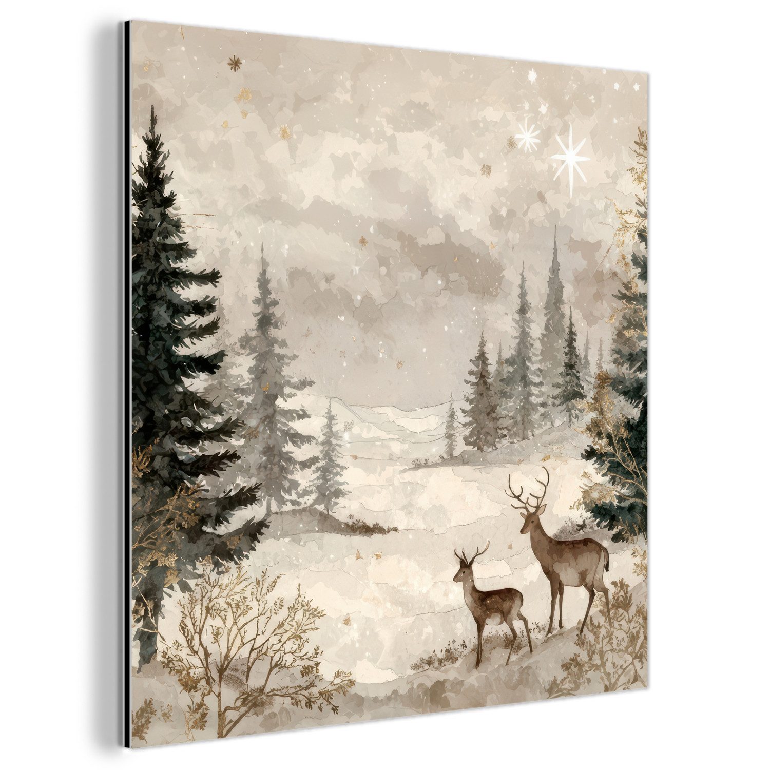 MuchoWow Metallbild Wald - Hirsche - Winter - Schnee, Inkl. Aufhängung, Alu günstig online kaufen