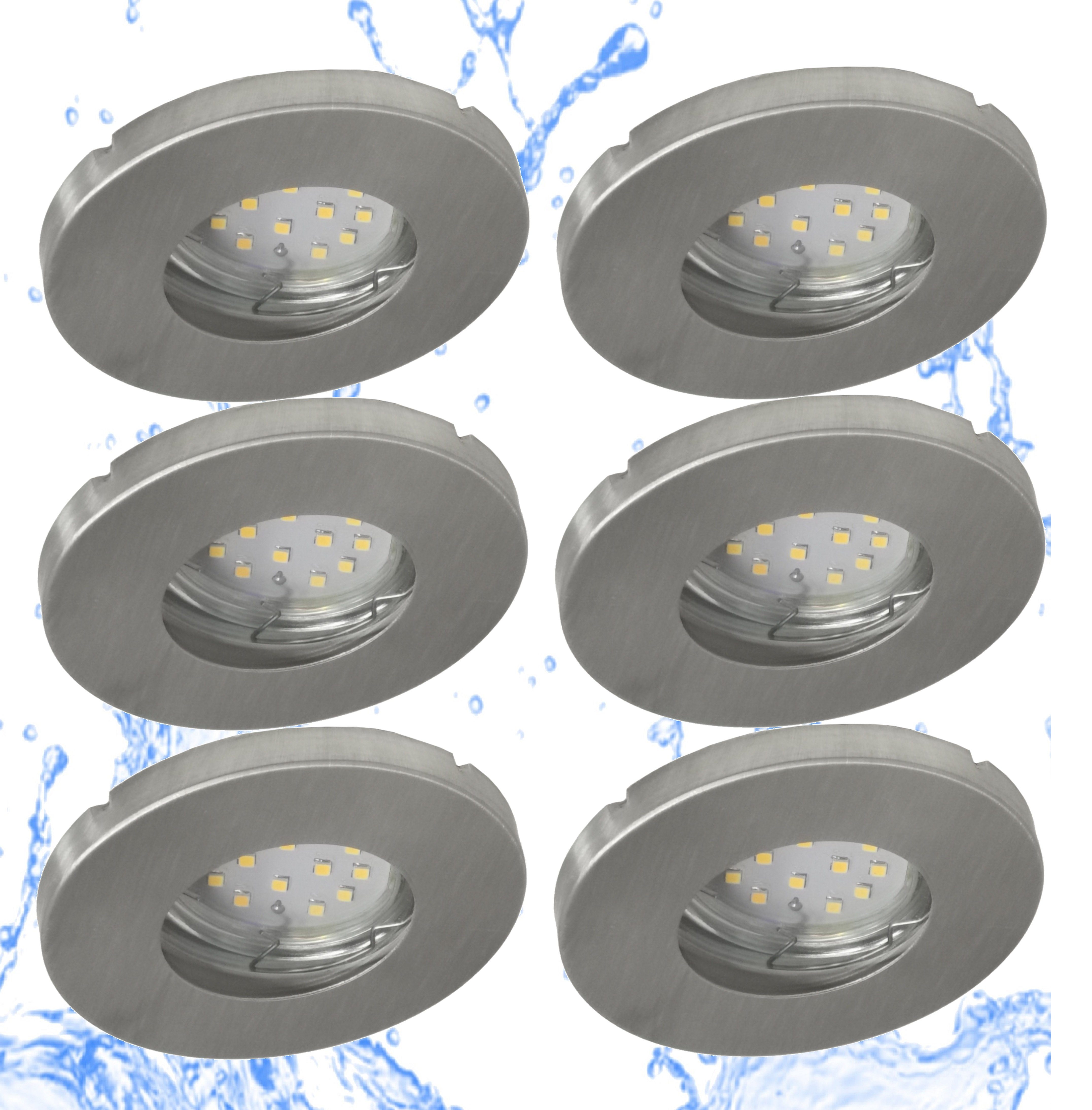 TRANGO LED Einbauleuchte, 6er Set 6729IP65-068MO IP65 LED Einbaustrahler aus Edelstahl poliert inkl. 6x 5 Watt 3000K warmweiß Ultra Flach LED Modul für Bad, Dusche, Einbauspots, Deckenstrahler, Deckenlampe, Badleuchte Aluminium gebürstet