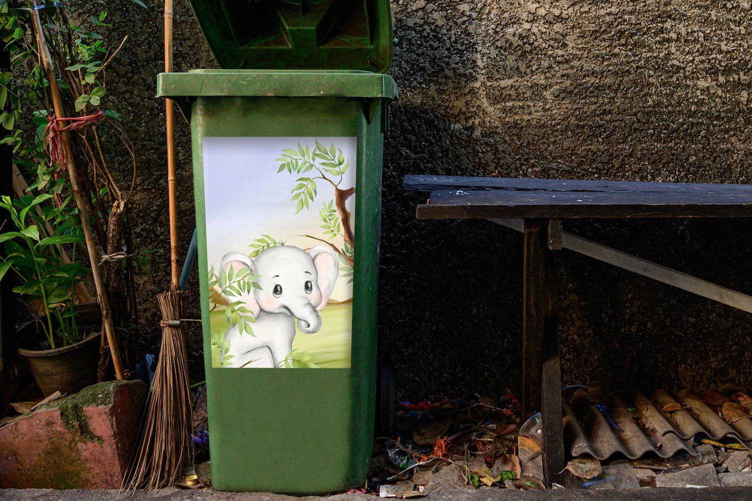 - Abfalbehälter Wandsticker Sticker, Dschungel MuchoWow (1 Mülleimer-aufkleber, Container, - Elefant Tiere Mülltonne, St),