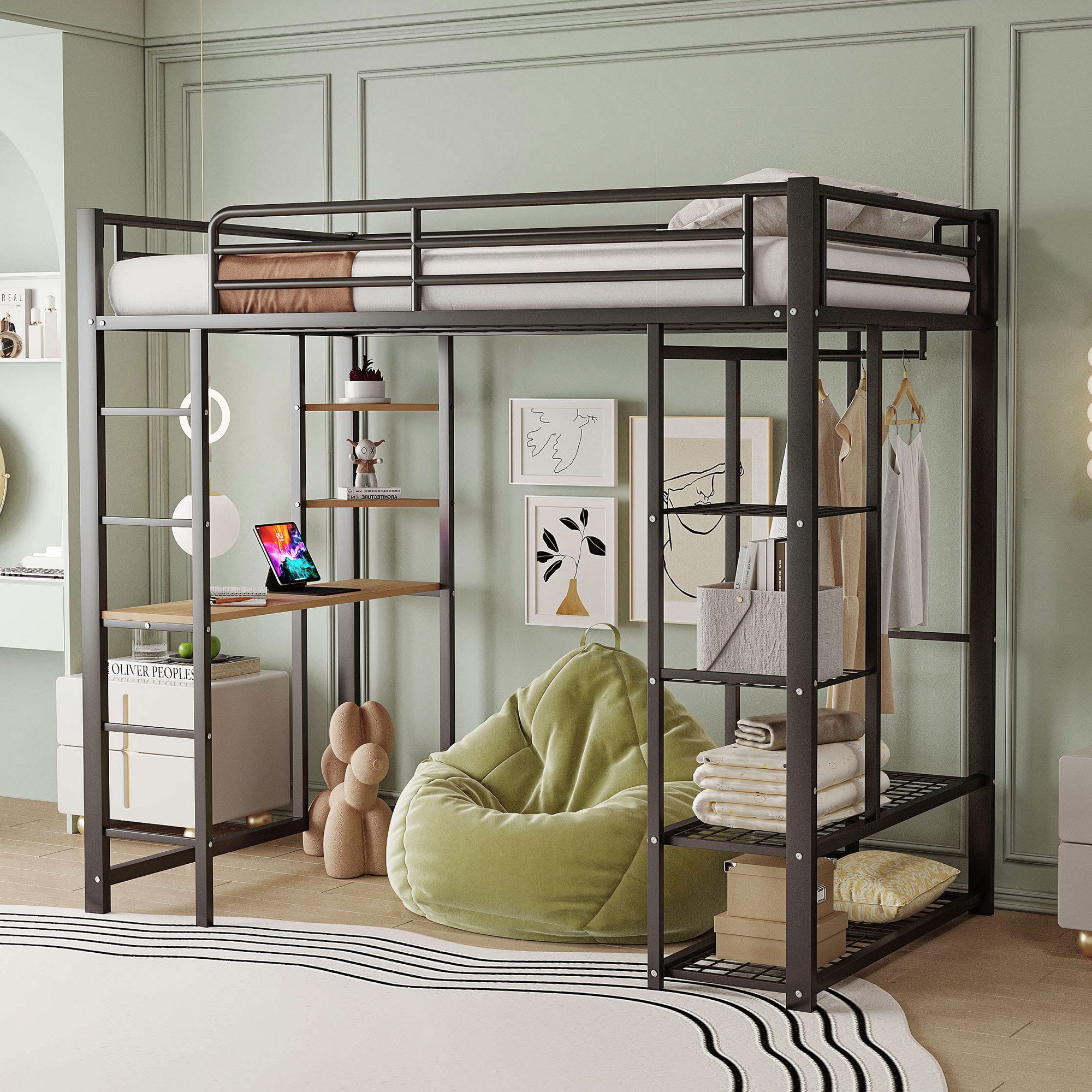 Flieks Hochbett Kinderbett Metallbett 90x200cm mit Tisch und Stauraum günstig online kaufen