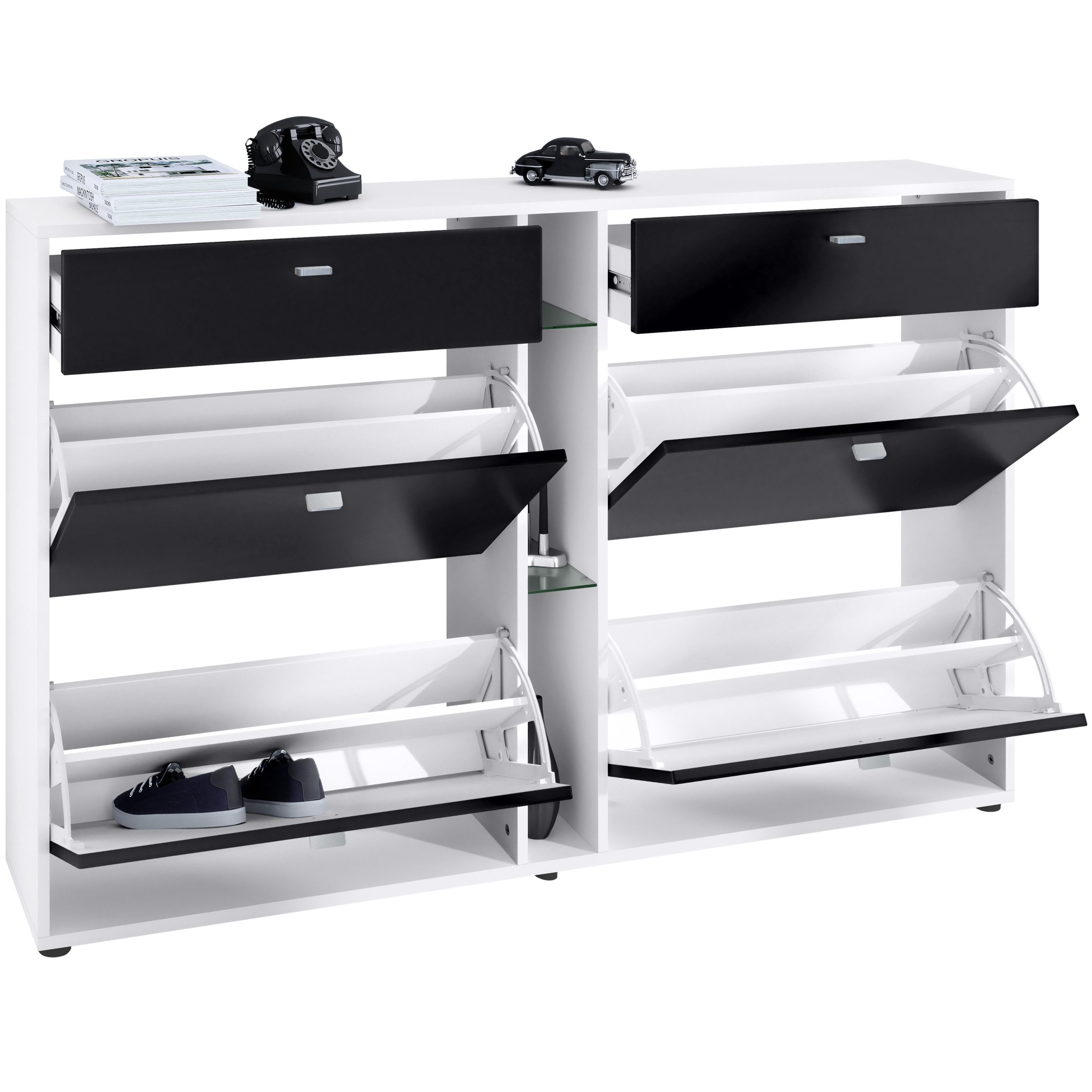 Vladon Schuhschrank Today (Schuhkipper für 24 Paar Schuhe mit 4 Klappen, 2 Schubladen und 3 offene Fächer) Weiß matt/Weiß matt (155,5 x 95 x 28 cm)