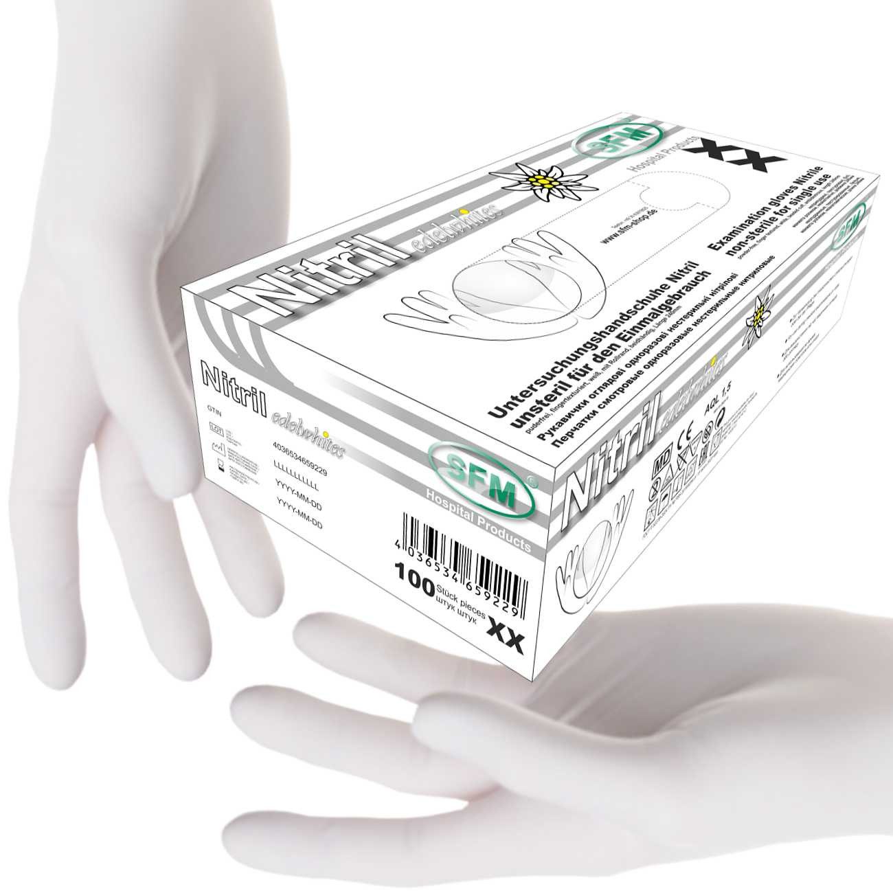 SFM ® Einweghandschuhe EDELWHITES : puderfrei F-tex weiß Einmalhandschuhe Einweghandschuhe