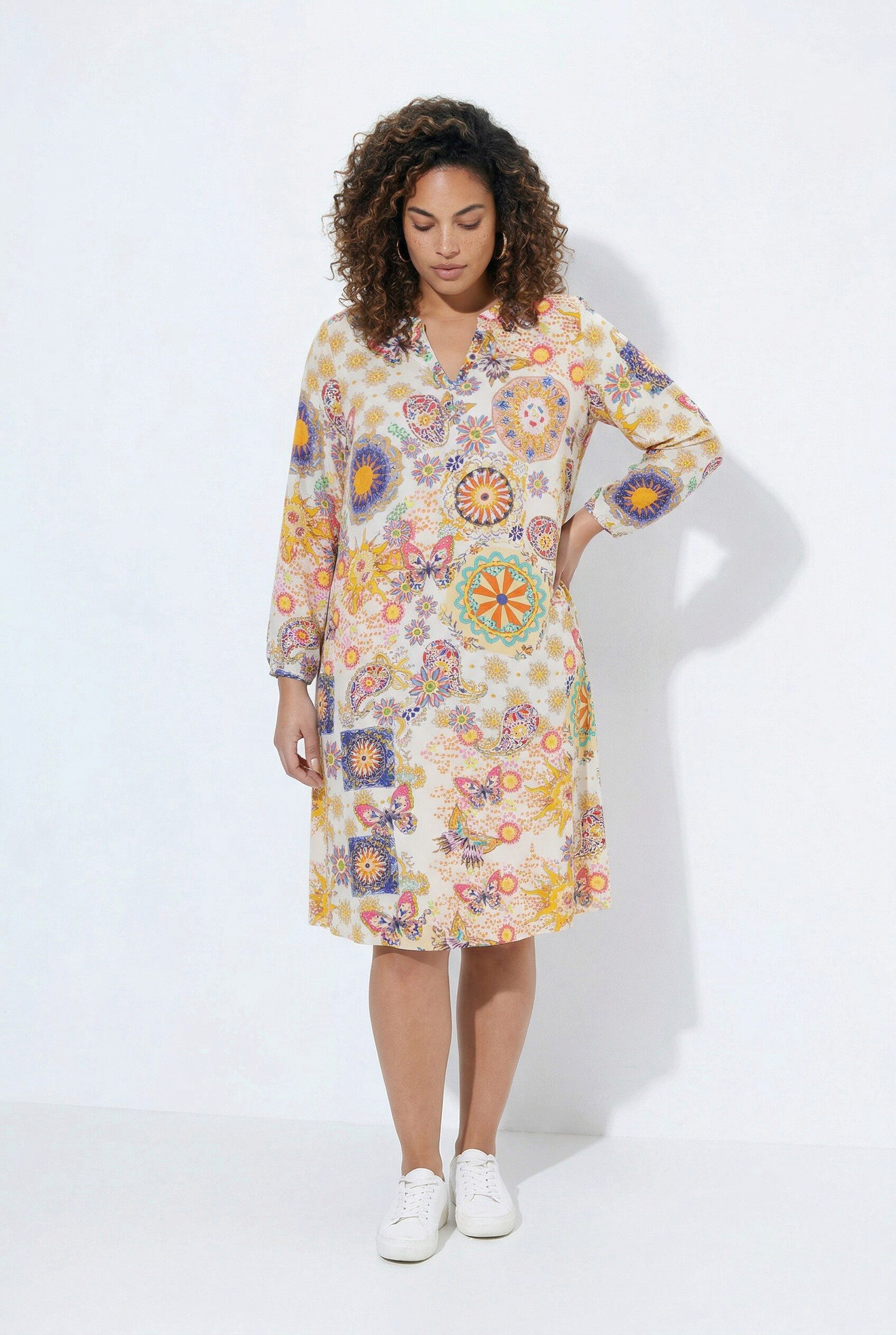 Jerseykleid Midikleid A-Linie Allover-Muster Langarm