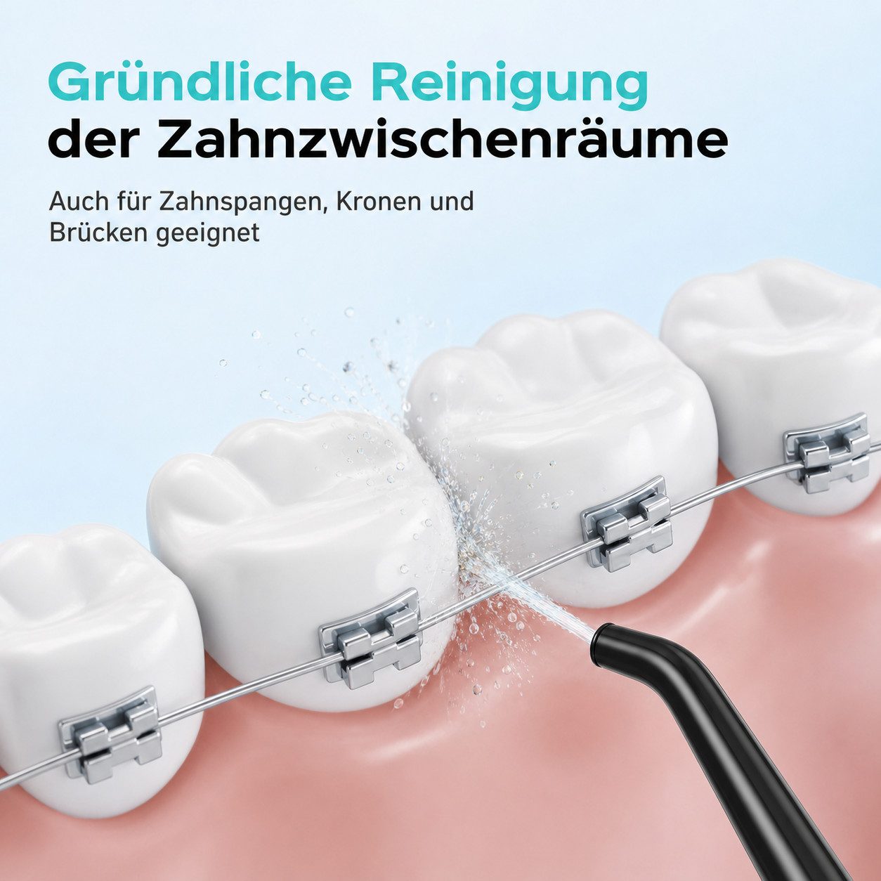 Futicare Munddusche kabellos mit UVC-Selbstreinigung, 4 Modi & 3 Druckstufen, Aufsätze: 6 St., OLED-Anzeige, 335-ml-Wassertank, 6 Aufsätze, USB-C, Schwarz