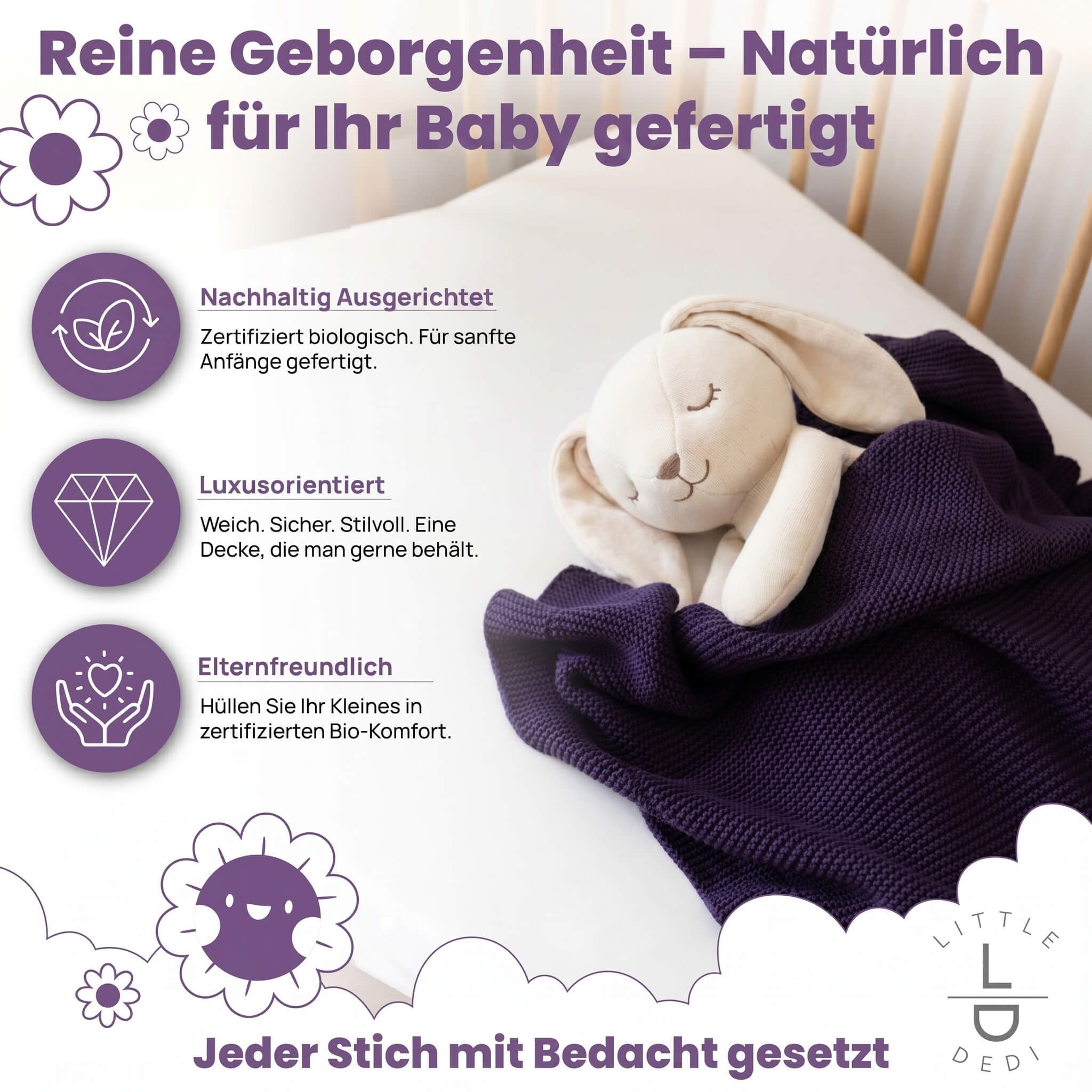 Babydecke Baby Strickdecke, %100 Bio Baumwolle, Atmungsaktiv, 80x100cm, Violett, Little Dedi