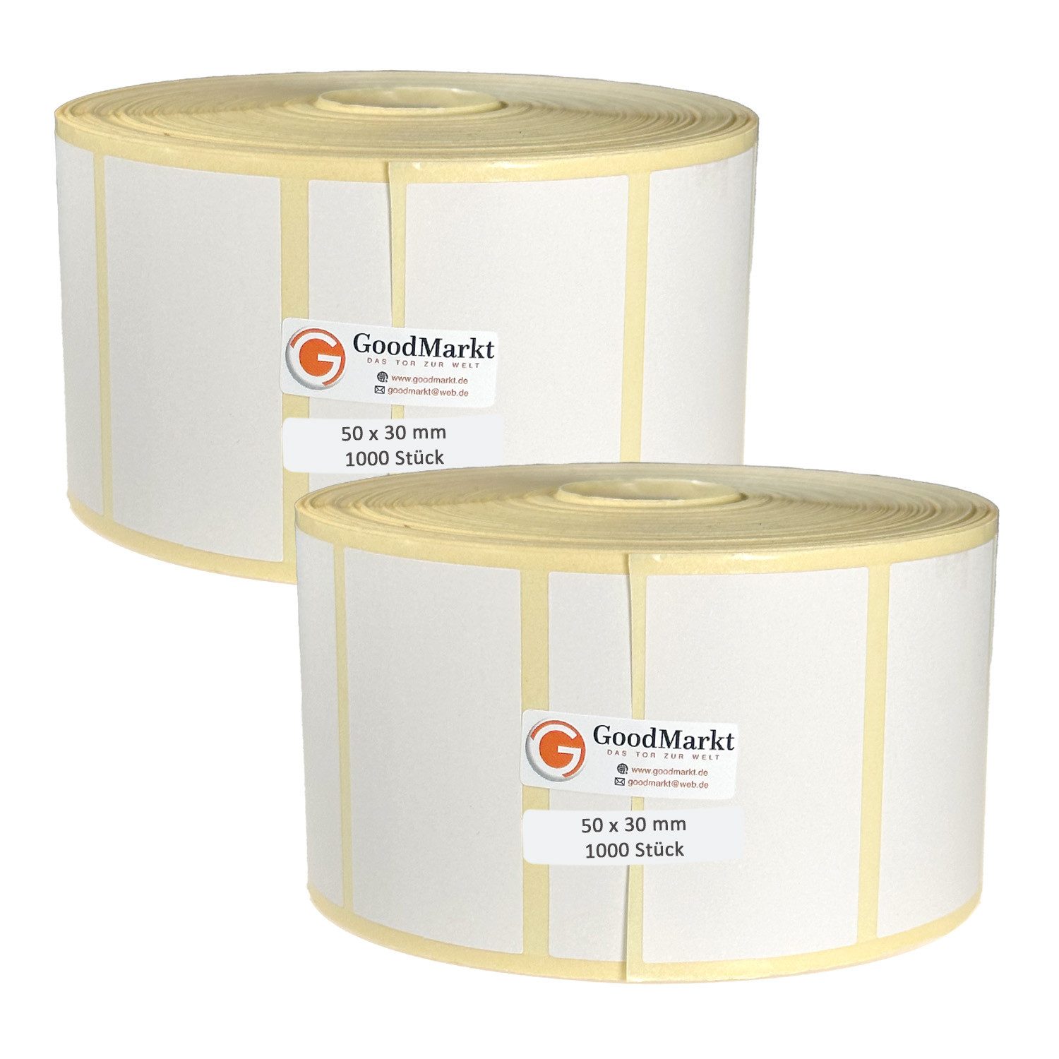GoodMarkt Etikettenrolle 50x30mm Selbstklebende Thermo Etiketten auf Rolle 1000 Labels, Adressetiketten Haushaltsetiketten Bedruckbar Aufkleber für Büro Küche