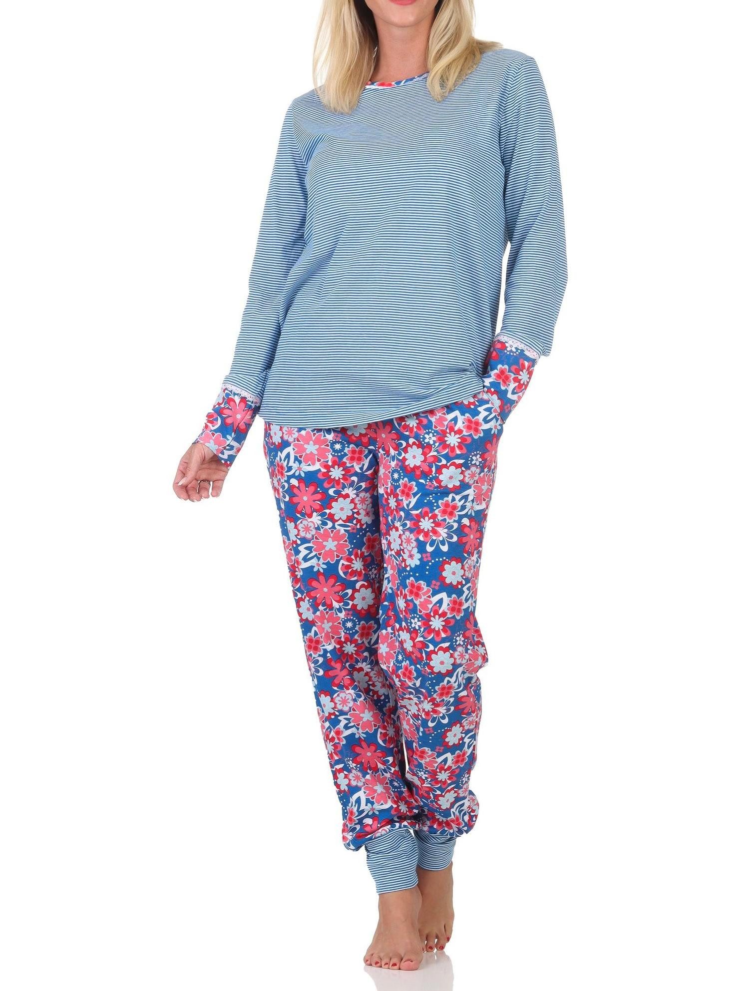 Pyjama Damen Schlafanzug mit Bündchen, Oberteil gestreift –auch in Übergröße