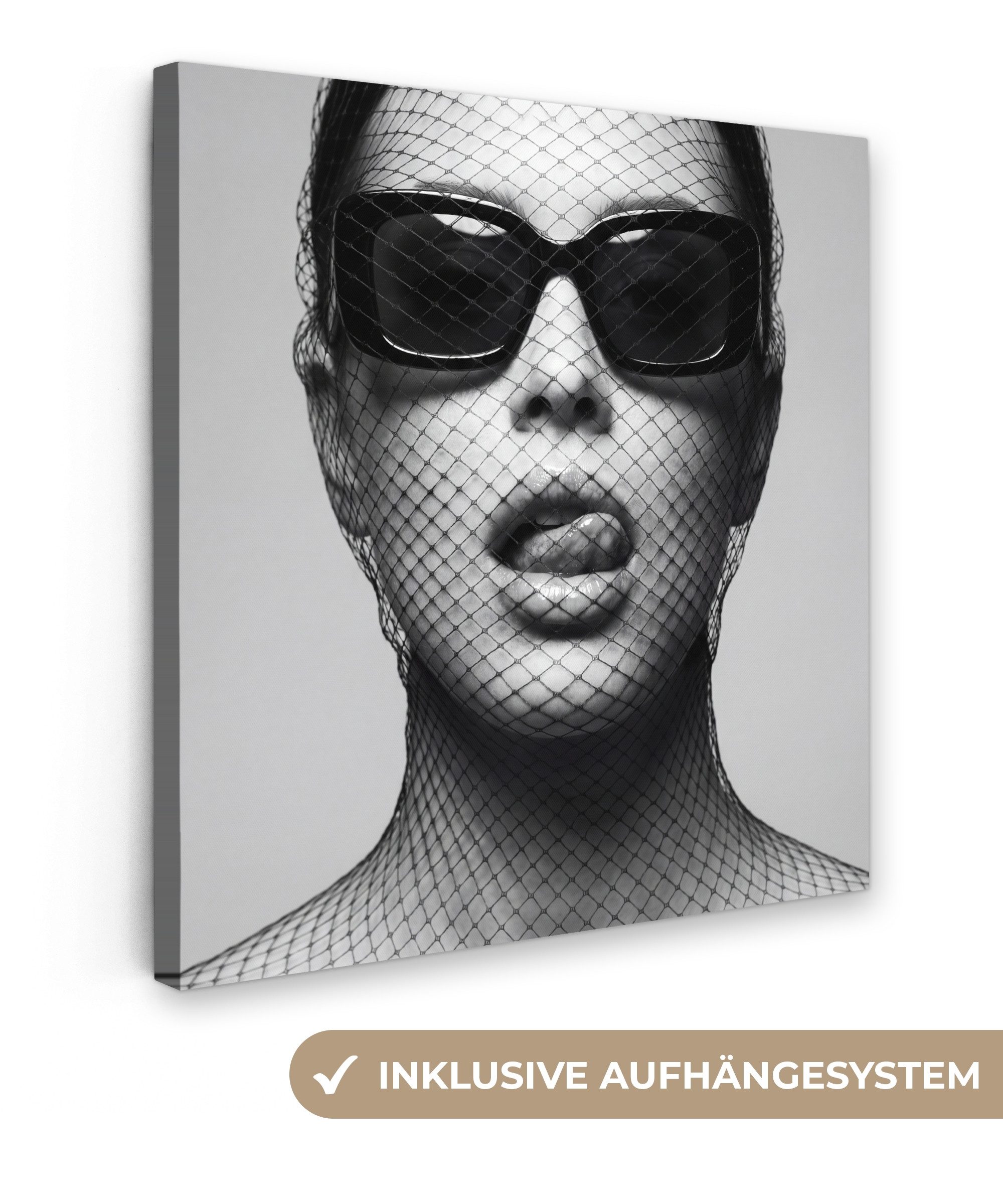 OneMillionCanvasses® Leinwandbild Frau - Netz - Mysteriös - Schwarz - Weiß, Fotodruck (1 St), Wandbild, Deko Schlafzimmer Wohnzimmer Flur 20x20 cm
