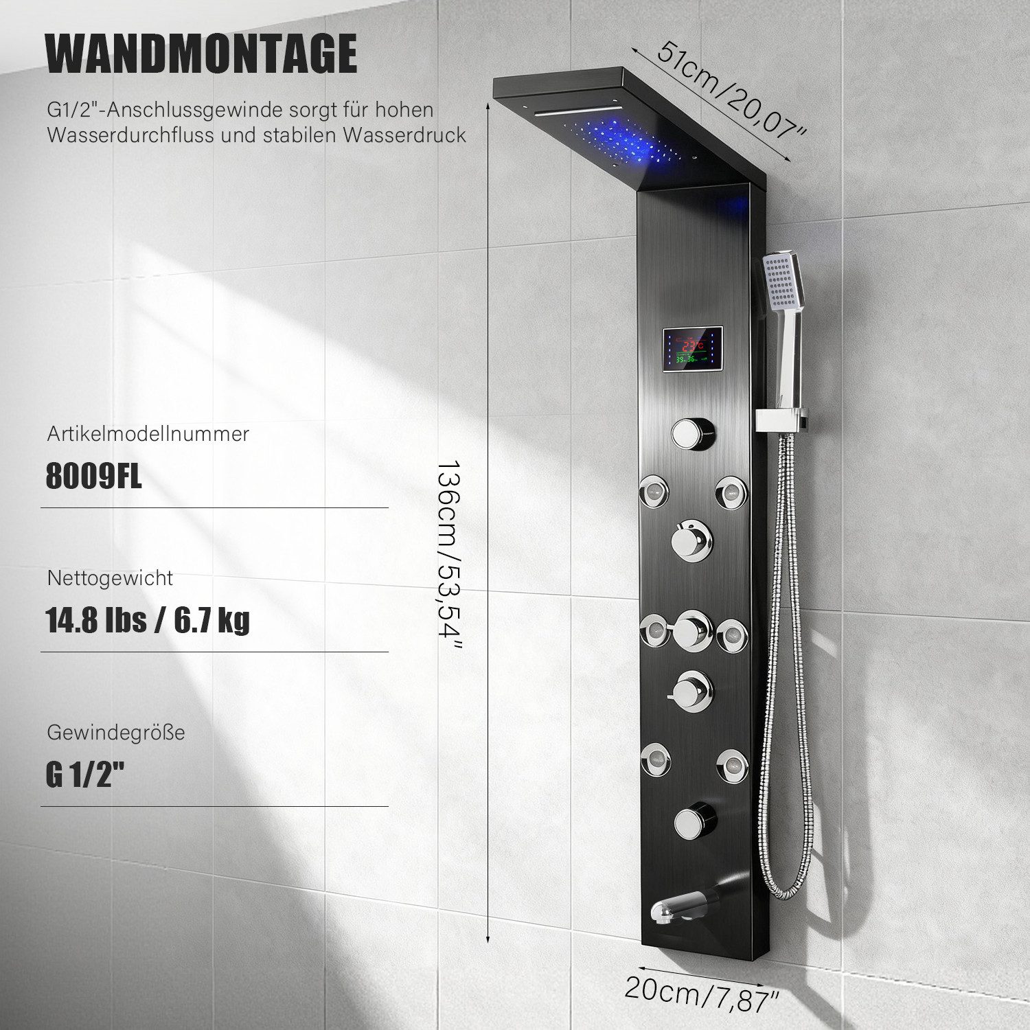 oyajia Duschsystem Modernes Duschpaneel Höhe 136 cm 5 Strahlart mit Massage & LED Display, Höhe 136 cm, 5 Strahlart(en), Wandmontage Duschset mit Regendusche,Handbrause & Verstellbarem Strahl