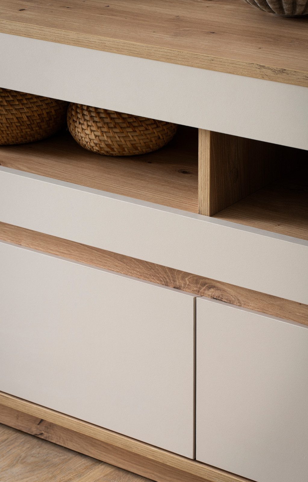 Furn.Design Wohnwand Kiruma, (Wohnkombination in Kaschmir / Sand und Eiche, 3-teilig, Breite 290 cm), mit 200 cm Lowboard, Soft-Close