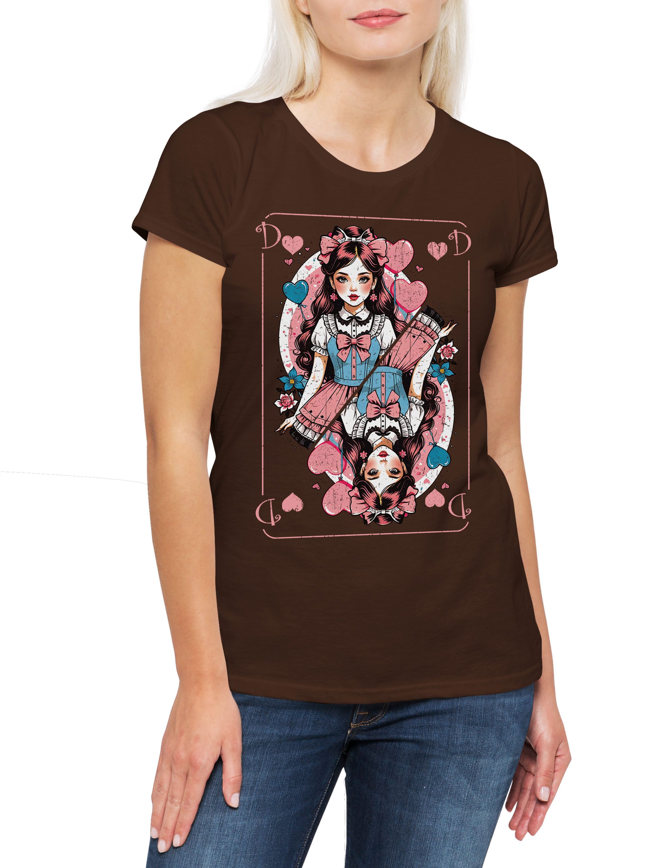 Print-Shirt Anime Queen Of Hearts Card Damen T-Shirt Poker Karte Spielkarte Manga