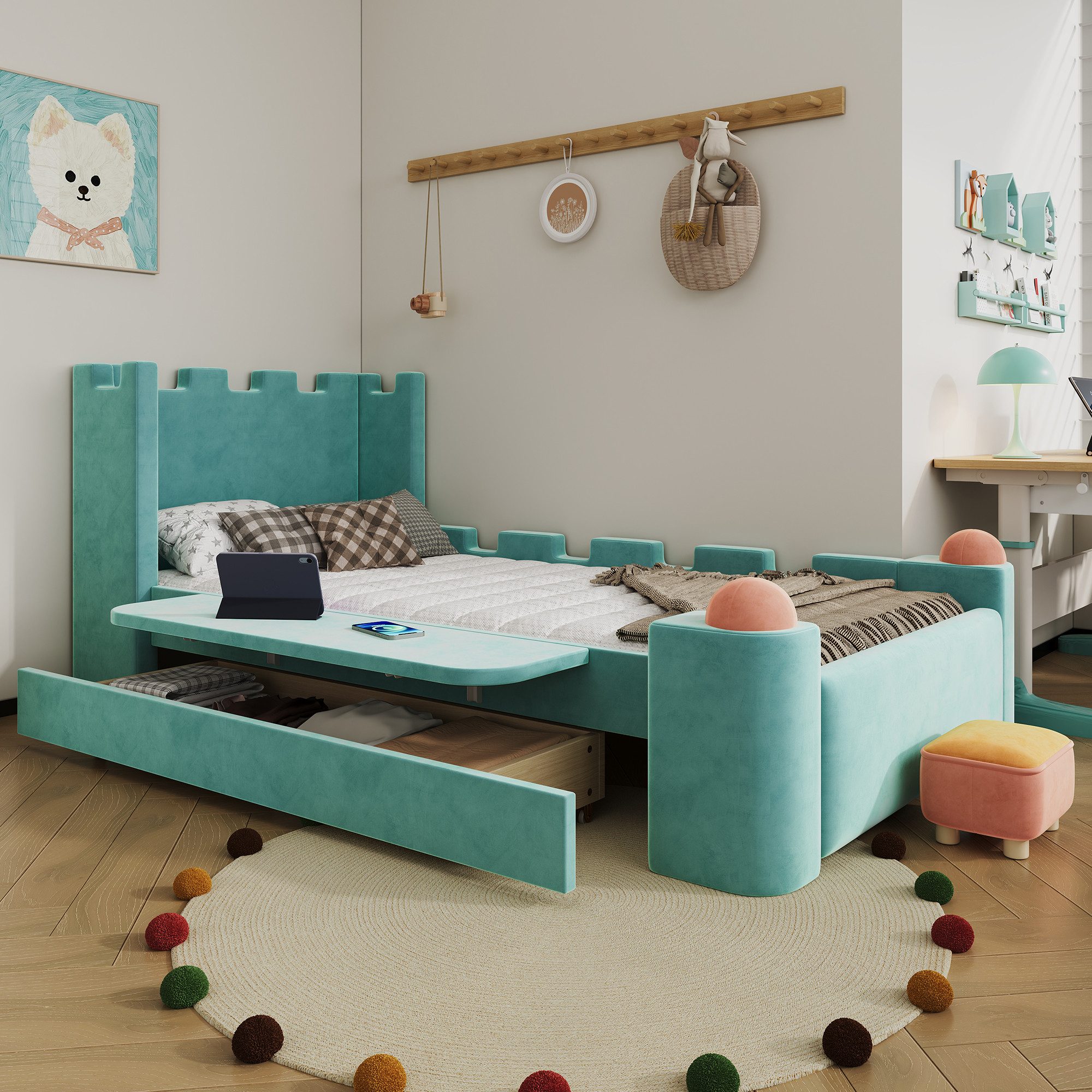 REDOM Polsterbett Kinderbett, Stauraumbett mit Schublade und klappbarer Ablage (Funktionsbett 90x200 cm, weiche stoßsichere Kanten, Samt, Burg-Stil Design, Jugendbett), Inklusive Matratze