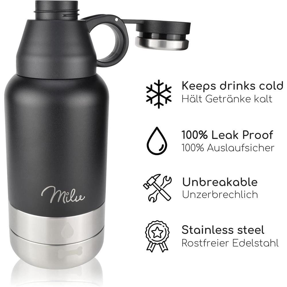 Milu Trinkflasche Hunde Wasserflasche, für Unterwegs, 950ml, mit Futternapf, Edelstahl, schwarz