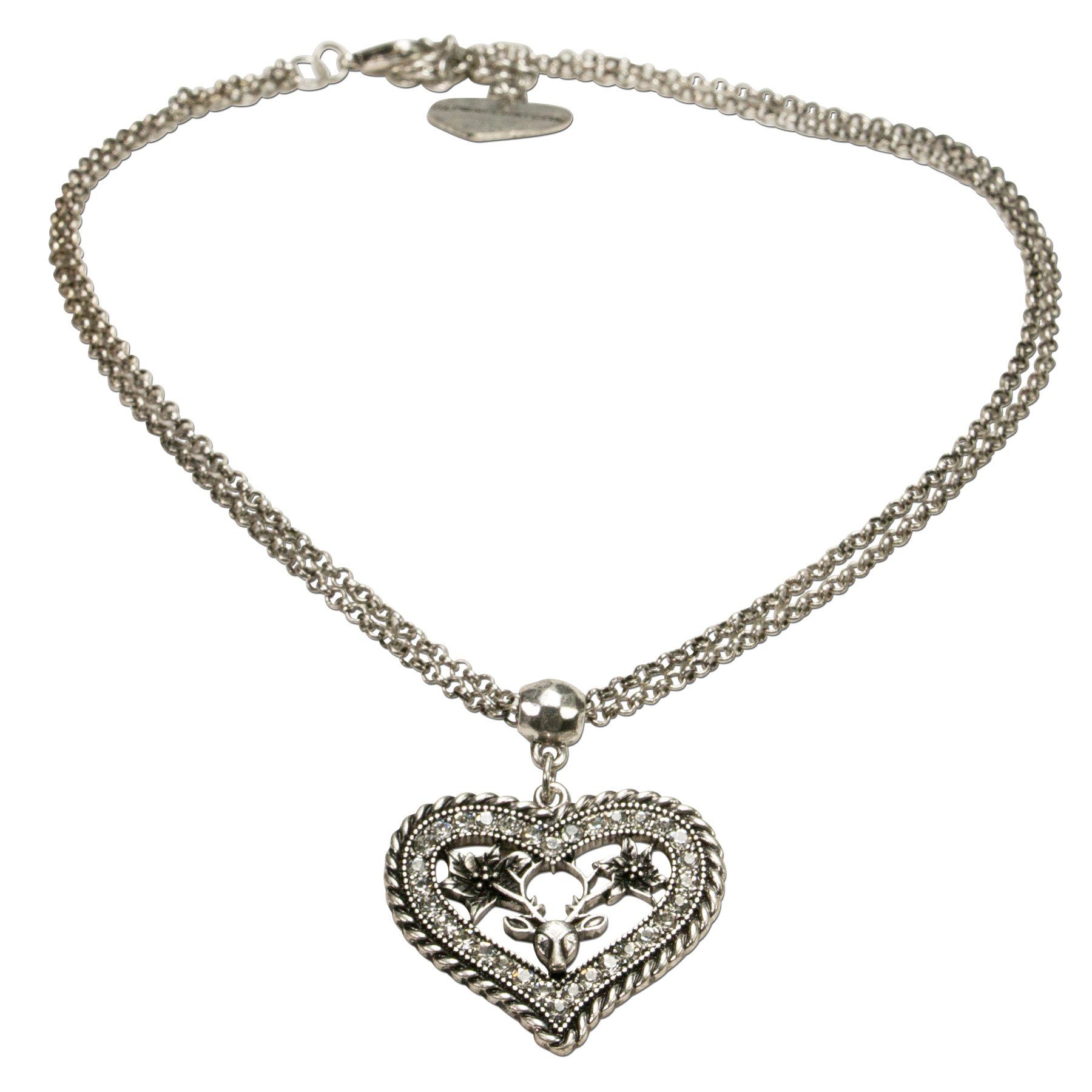 Alpenflüstern Ketten-Set Trachtenschmuck-Set Trachten-Halskette und Ohrstecker Strassherz Hirsch (antik-silber-farben), - Damen-Trachten-Schmuck, Trachtenset Trachtenkette und Trachten-Ohrringe