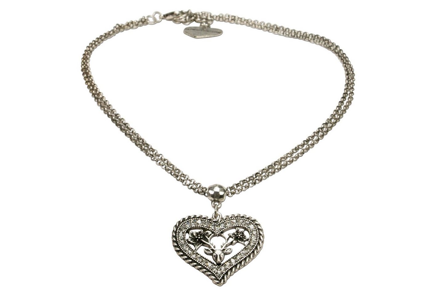 Alpenflüstern Collier Trachtenkette Strassherz-Hirsch (antik-silber-farben), - Damen-Trachtenschmuck mit Strass-Trachtenherz und Hirsch-Kopf mit Ge