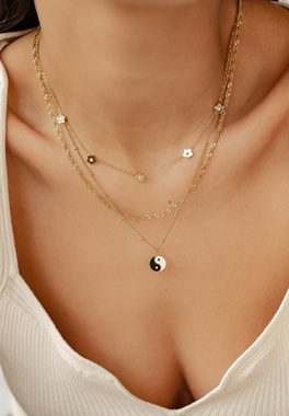 Hey Happiness Bead-Ketten-Set Layer Blumen und Ying Yang, Edelstahl Ketten 18K Roségold vergoldet, Gedrehte Kette, Damenkette Floral, Halskette Yin & Yang Charm hängend