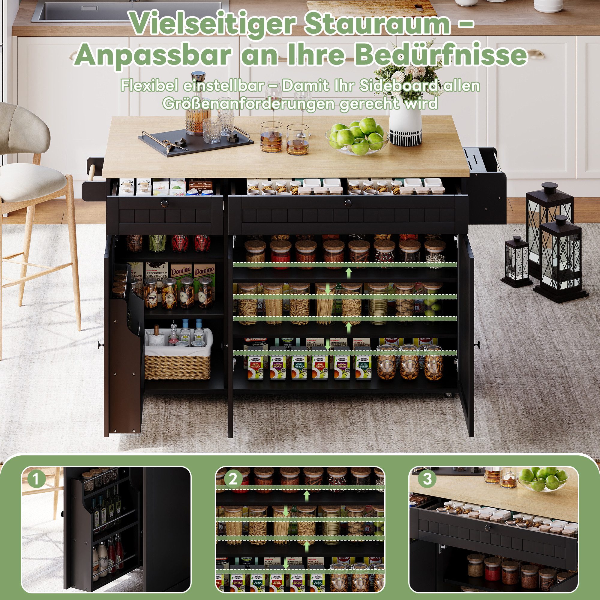 i@home Kücheninsel mit klappbarer Arbeitsplatte,Küchenschrank auf 6 feststellbaren Rollen, (mit Ablage,Türregal,2 großen Schubladen und Schrank 137 x 89,5 x 45 cm)