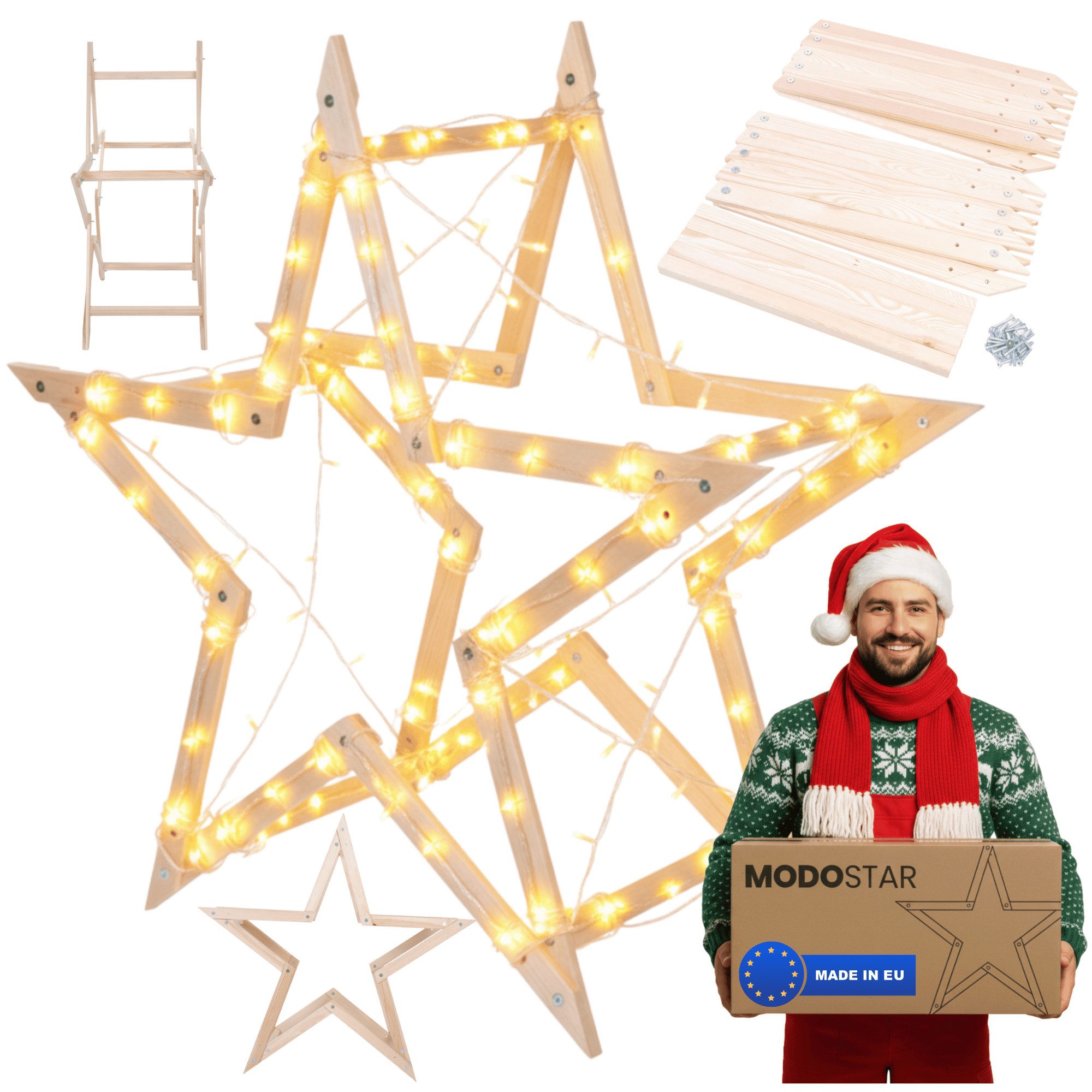 Modo24 Dekostern DIY MODOSTAR Weihnachtsstern Set aus FSC Holz 2D und 3D in 3 Breiten, zum Garten & Terrasse, wetterfest, faltbar & stabil, Weihnachtsdeko