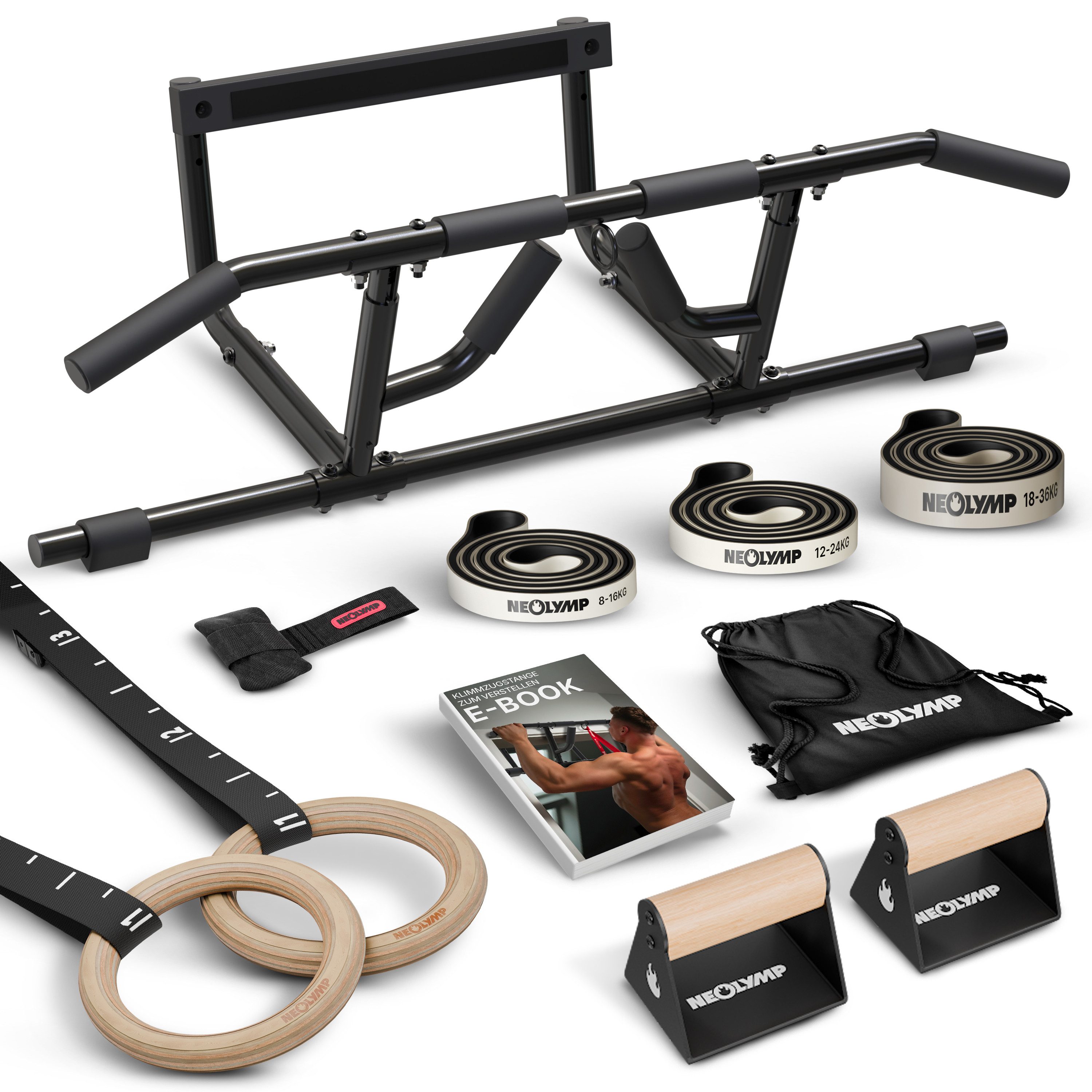 NEOLYMP Trainingsstation Calisthenics Set – Profi Calisthenics Equipment für Zuhause – Home Gym, (Komplettset unseres Calisthenics Bundle - Ideal fürs Home Gym), Komplettes Calisthenics-Setup - Eigengewichtstraining - Platzsparend