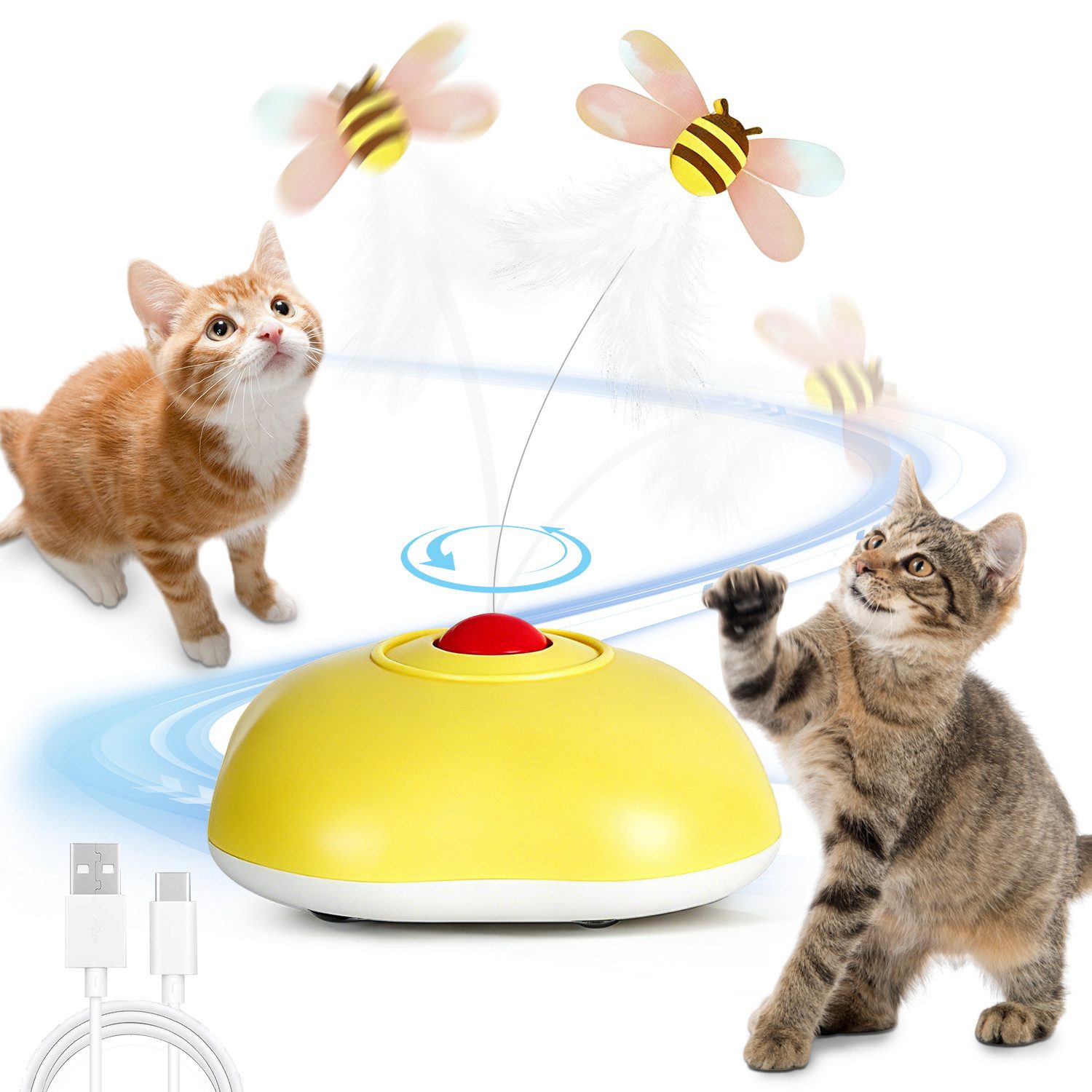 CkeyiN Tier-Intelligenzspielzeug elektrisches Interaktives Katzenspielzeug 3 Laufmodi, lebensmittelechtem ABS, Realistische Plüschbiene um 360° drehbar intelligenter Bewegungsbasis