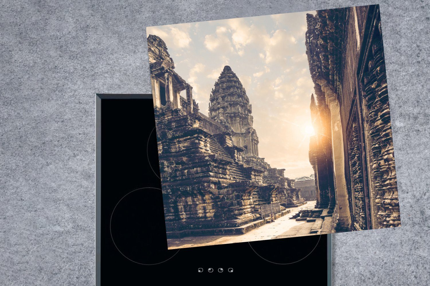 MuchoWow Herdblende-/Abdeckplatte tlg), cm, (1 Arbeitsplatte Angkor Ceranfeldabdeckung, Wat, über Vinyl, für 78x78 Sonnenaufgang küche