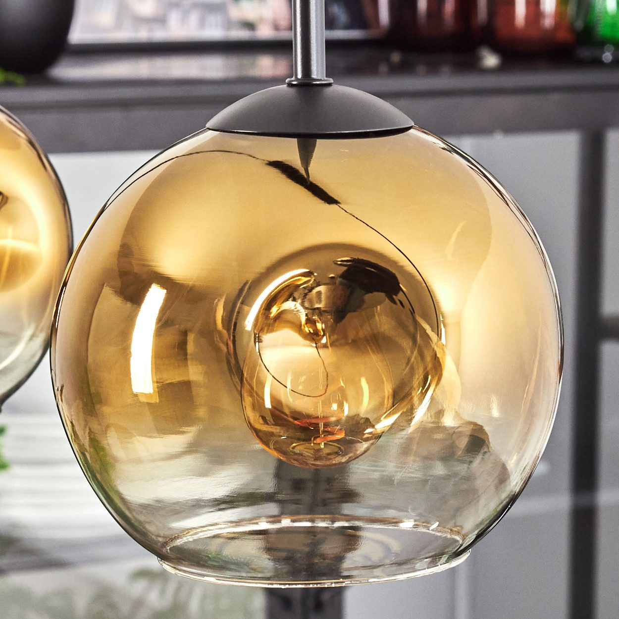 hofstein Pendelleuchte Pendellampe aus Metall/Glas in Schwarz/Goldfarben/Klar, ohne Leuchtmittel, Retro/Vintage, mit Glasschirmen(15 cm), 3 x E27, ohne Leuchtmittel